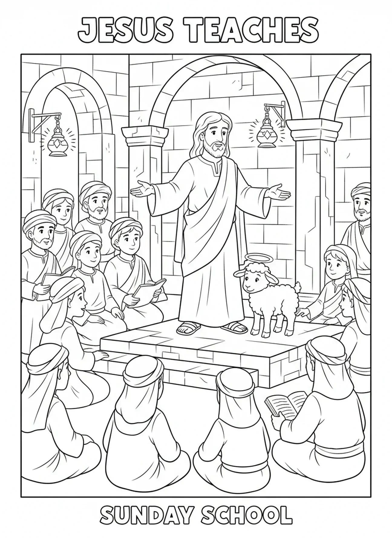 Jésus enseignant la foule, page à colorier Agneau de Dieu pour les enfants de l'École du dimanche âgés de 5 à 12 ans.