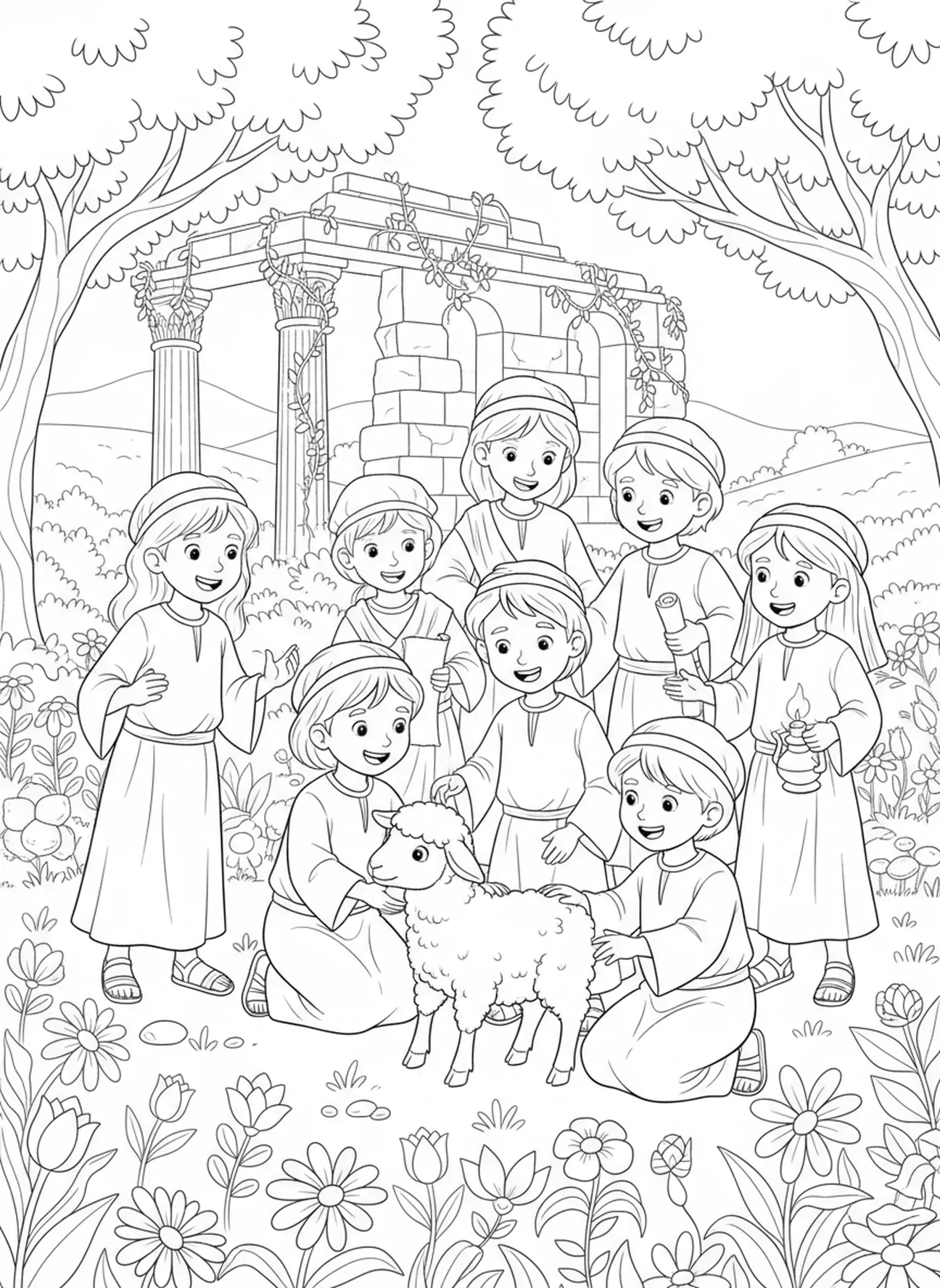 Enfants jouant avec l'agneau, page à colorier Agneau de Dieu pour les enfants de l'École du dimanche âgés de 5 à 12 ans.