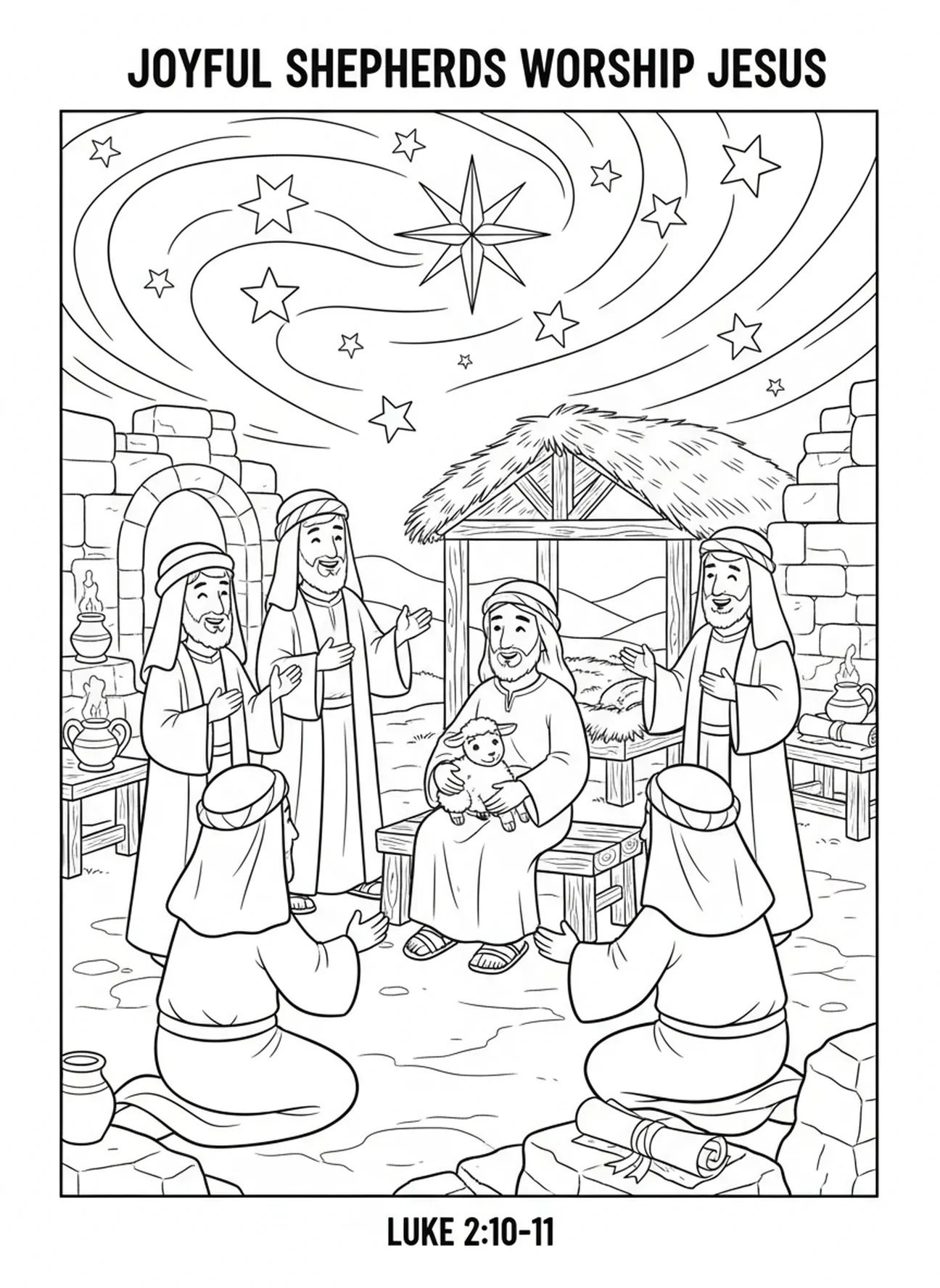Groupe de bergers, page à colorier Agneau de Dieu pour les enfants de l'École du dimanche âgés de 5 à 12 ans.