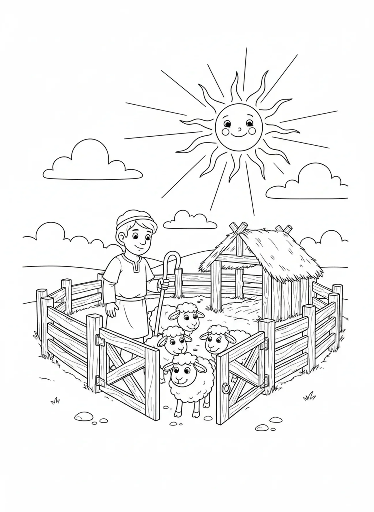 Schafe in einem gemütlichen Gehege, Malvorlage für Kinder im Alter von 5-10 Jahren mit dem Hirten und seinen Schafen.