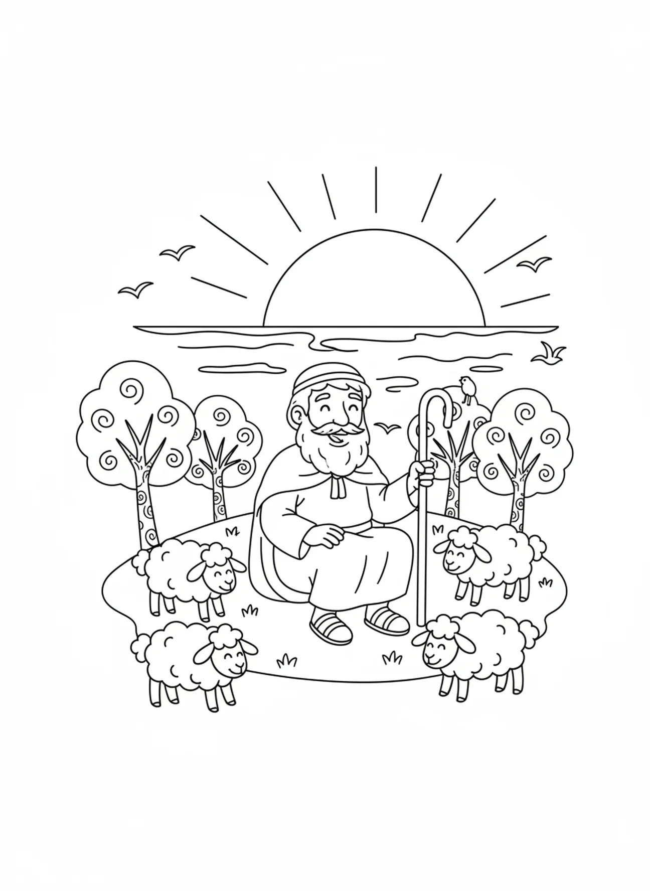 Hirte sitzt mit Schafen, Ausmalbild Hirte mit Schafen für Kinder im Alter von 5-10 Jahren.