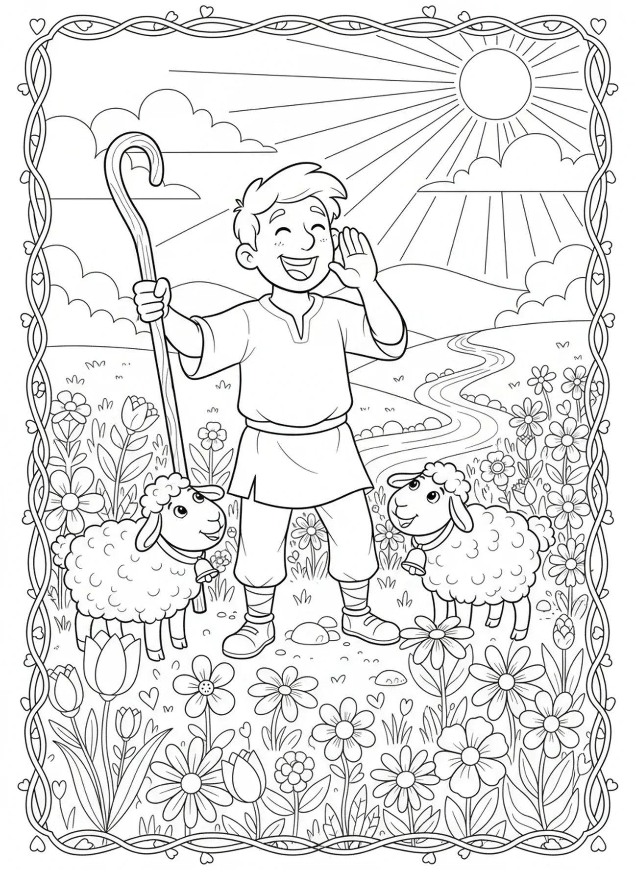 Der Hirte ruft seine Schafe, Ausmalbild 'Hirte mit Schafen' für Kinder im Alter von 5-10 Jahren.