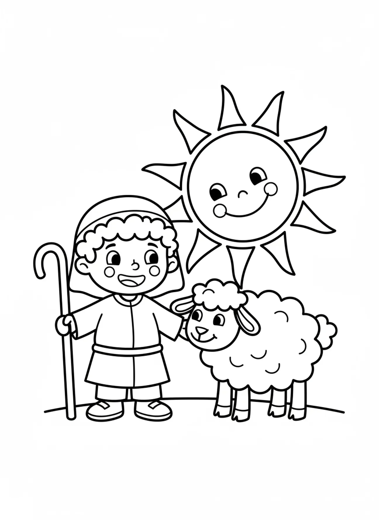 Hirte und Schafe bei Sonnenuntergang, Ausmalbild Hirte mit Schafen für Vorschulkinder im Alter von 3-5 Jahren