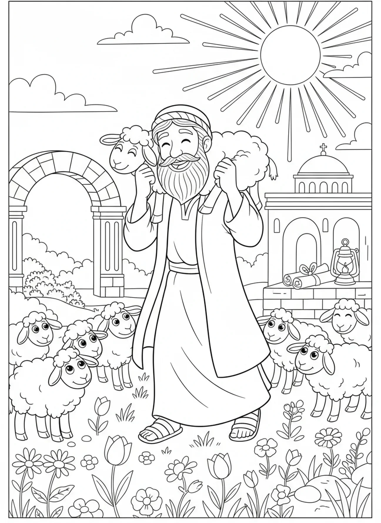 Hirte trägt verlorenes Schaf, Ausmalbild Hirte mit Schaf für Sonntagsschule Kinder im Alter von 5-12 Jahren.