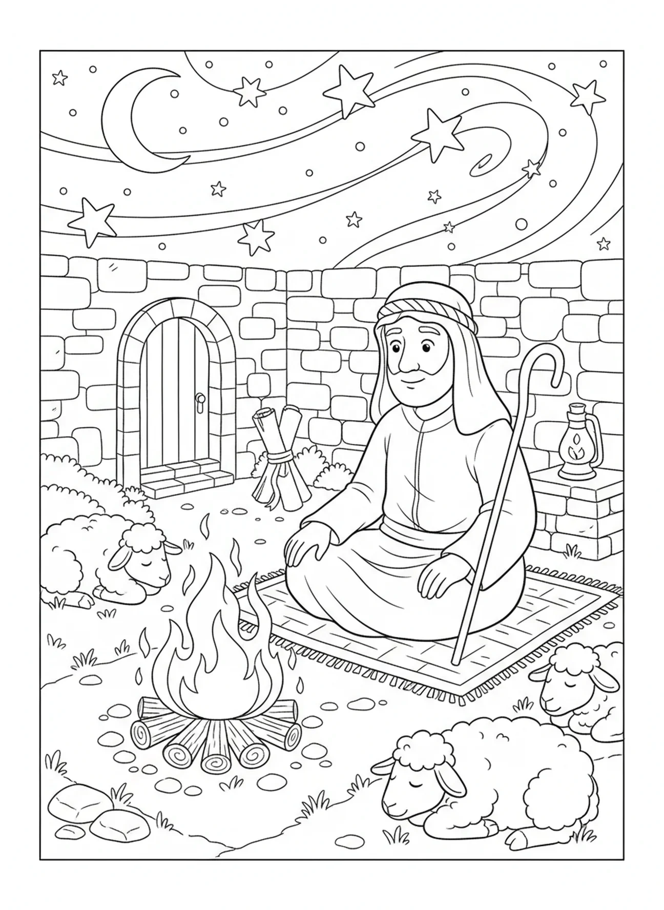 Hirte bewacht Schafe in der Nacht, Ausmalbild Hirte mit Schafen für die Sonntagsschule für Kinder im Alter von 5-12 Jahren.