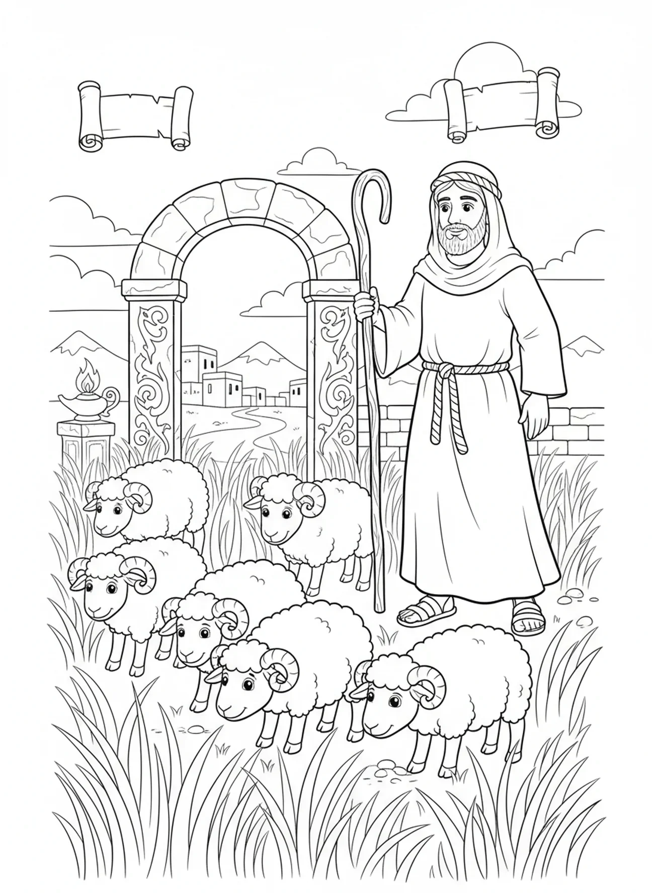 Gruppe von Schafen, Malvorlage für den Religionsunterricht mit dem Hirten und seinen Schafen für Kinder im Alter von 5-12 Jahren.
