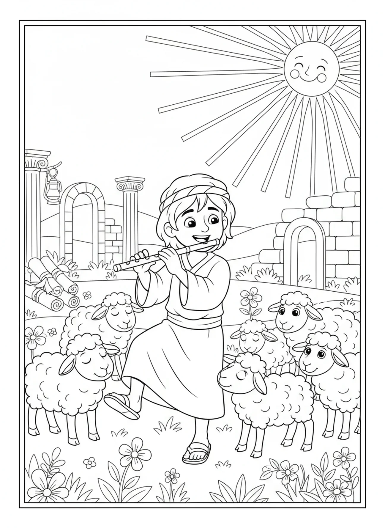 Hirte spielt Flöte für Schafe, Ausmalbild Hirte mit Schafen für Sonntagsschulkinder im Alter von 5-12 Jahren.