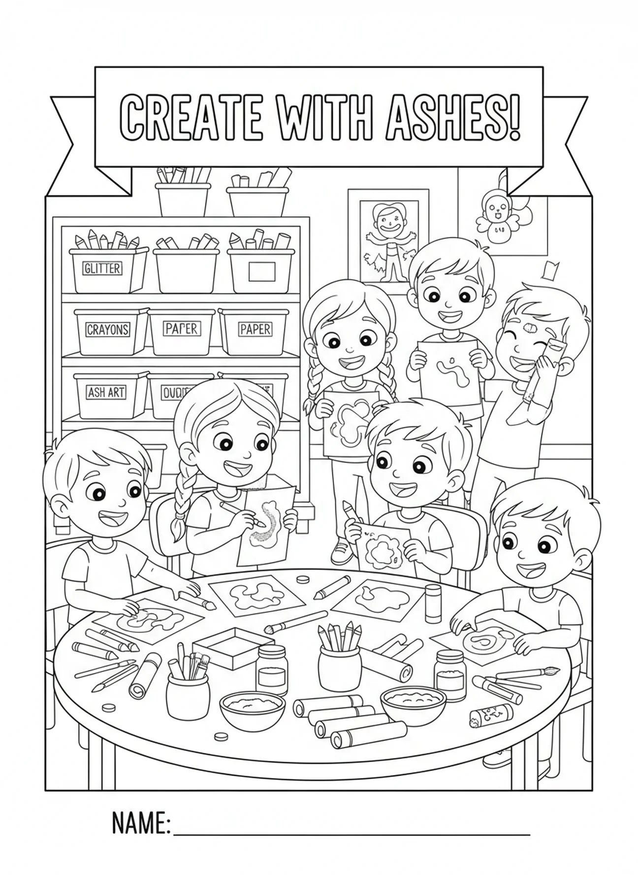 Enfants créant avec des cendres, page à colorier sur le symbole du Mercredi des Cendres pour les enfants de 5 à 10 ans.