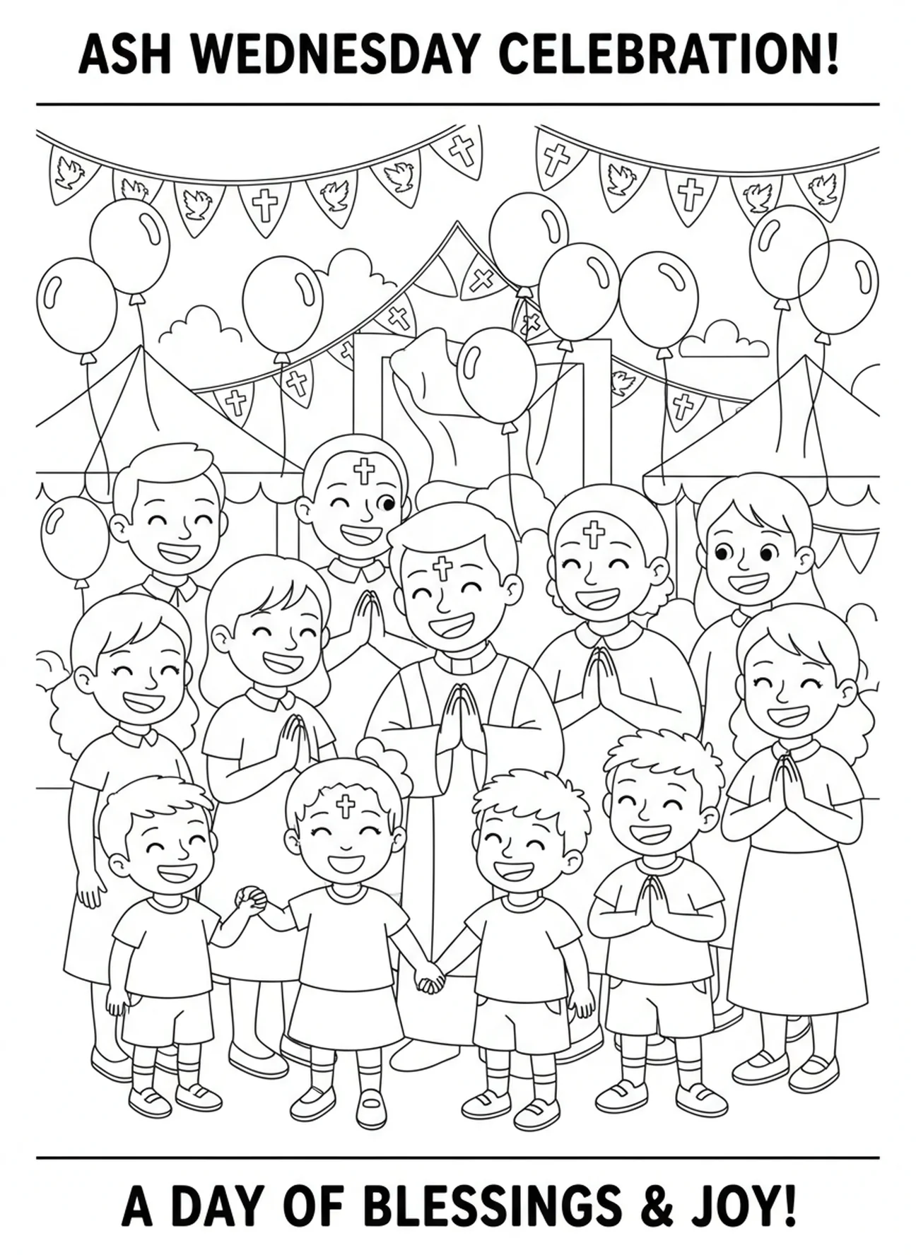 Rassemblement communautaire pour le Mercredi des Cendres, page à colorier sur le symbole du Mercredi des Cendres pour les enfants de 5 à 10 ans.