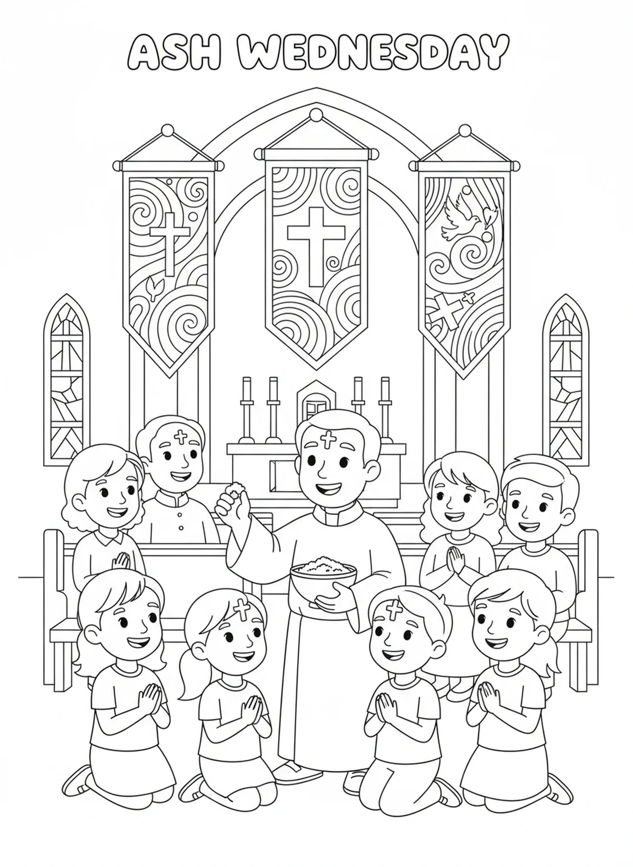 Page à colorier sur le rassemblement du service religieux, symbole du Mercredi des Cendres pour les enfants de 5 à 10 ans.