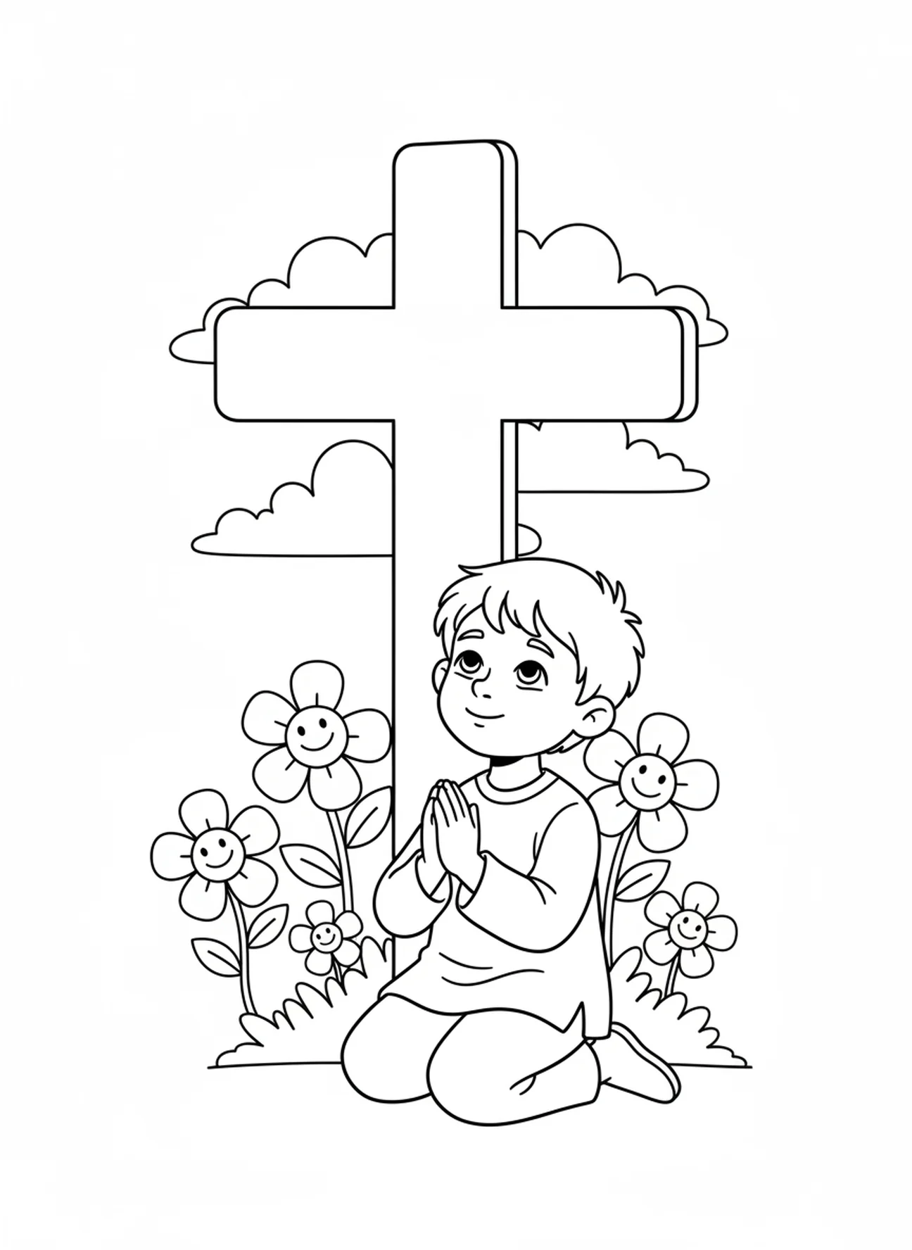 Enfant priant devant une croix, page à colorier symbole du Mercredi des Cendres pour les enfants de 5 à 10 ans.