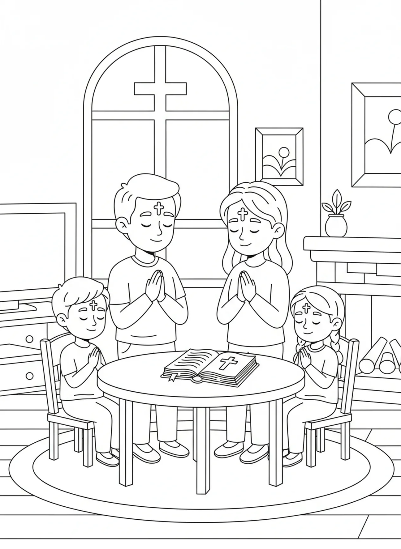 Famille priant ensemble, page à colorier sur le symbole du Mercredi des Cendres pour les enfants de 5 à 10 ans.