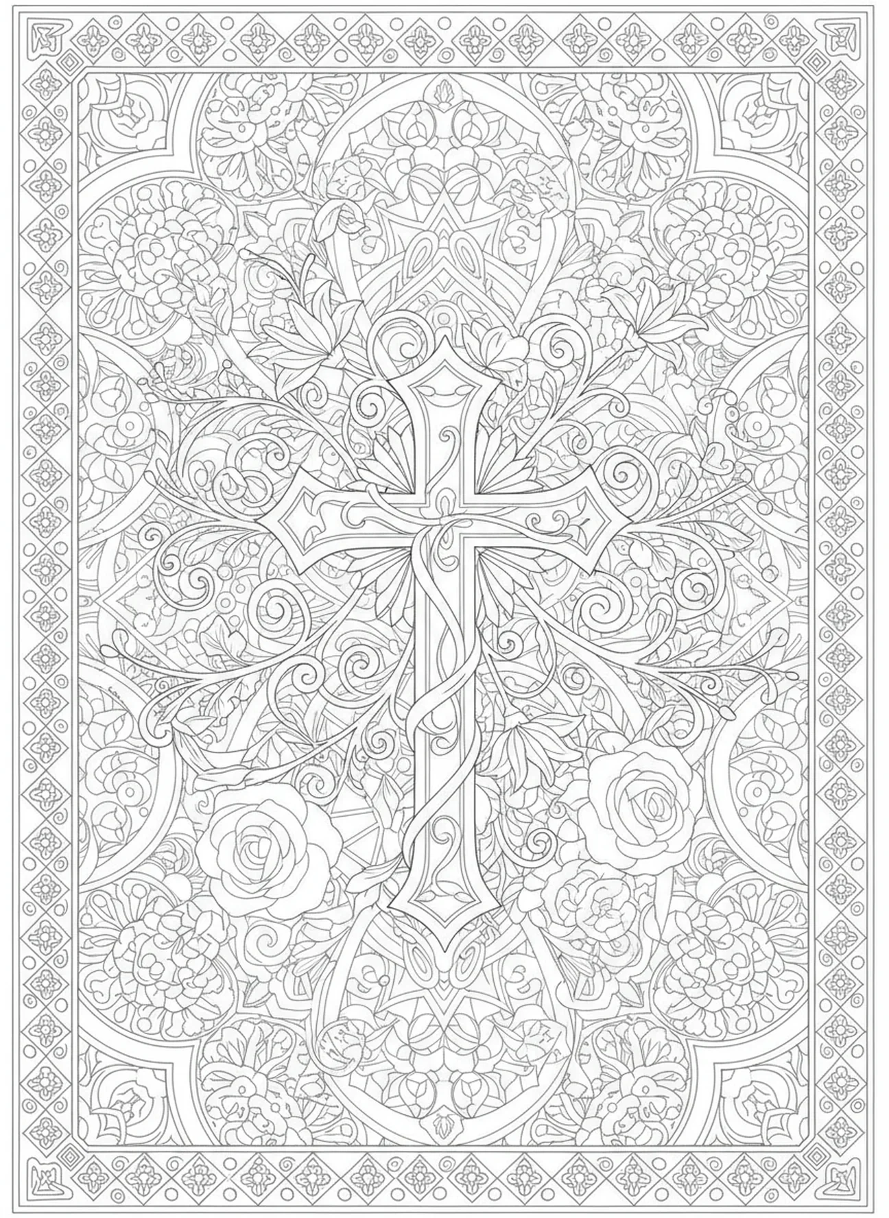 Croix ornée entrelacée de fleurs, page à colorier pour le Mercredi des Cendres dans un style de journal biblique pour adultes.