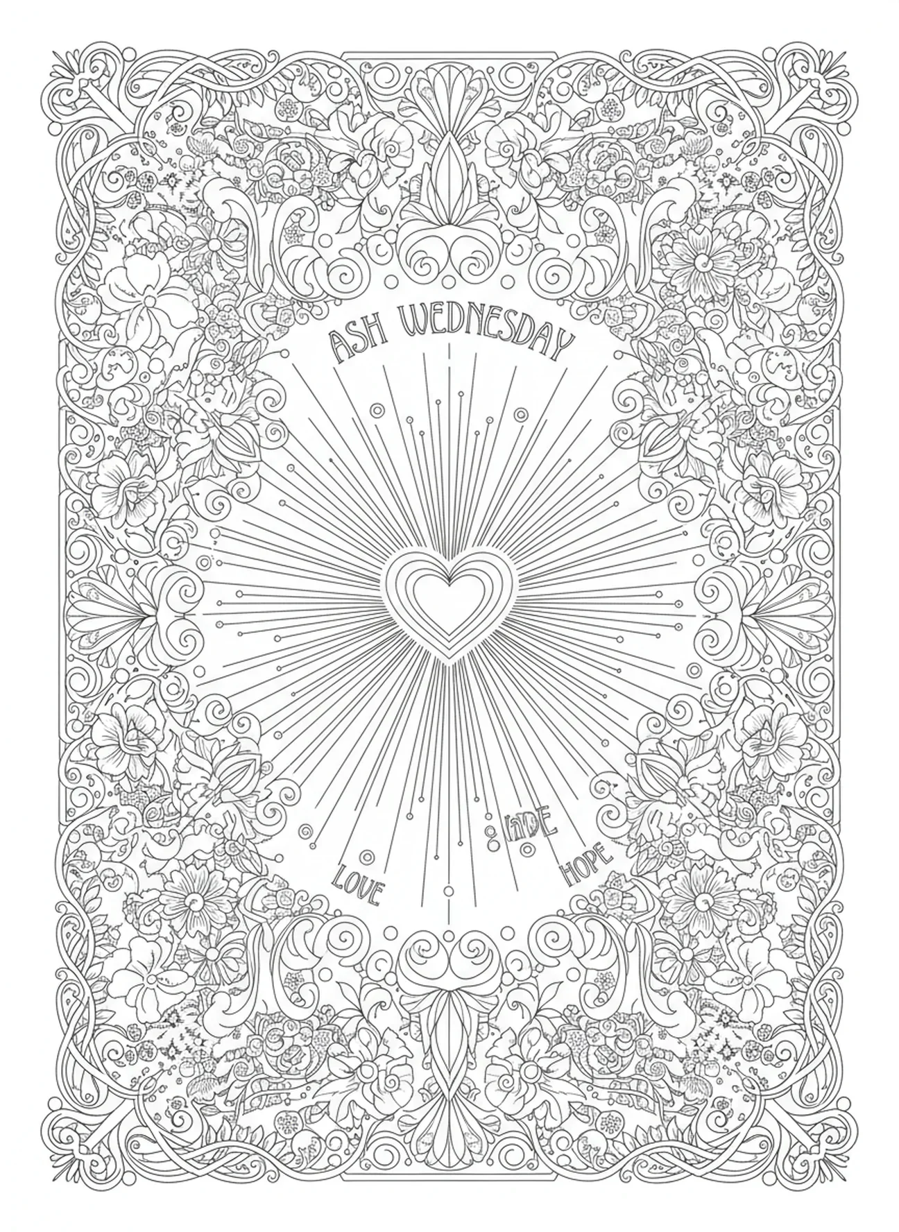 Cœur entouré de rayons de lumière, page à colorier pour adultes dans le style du journal biblique pour le Mercredi des Cendres.