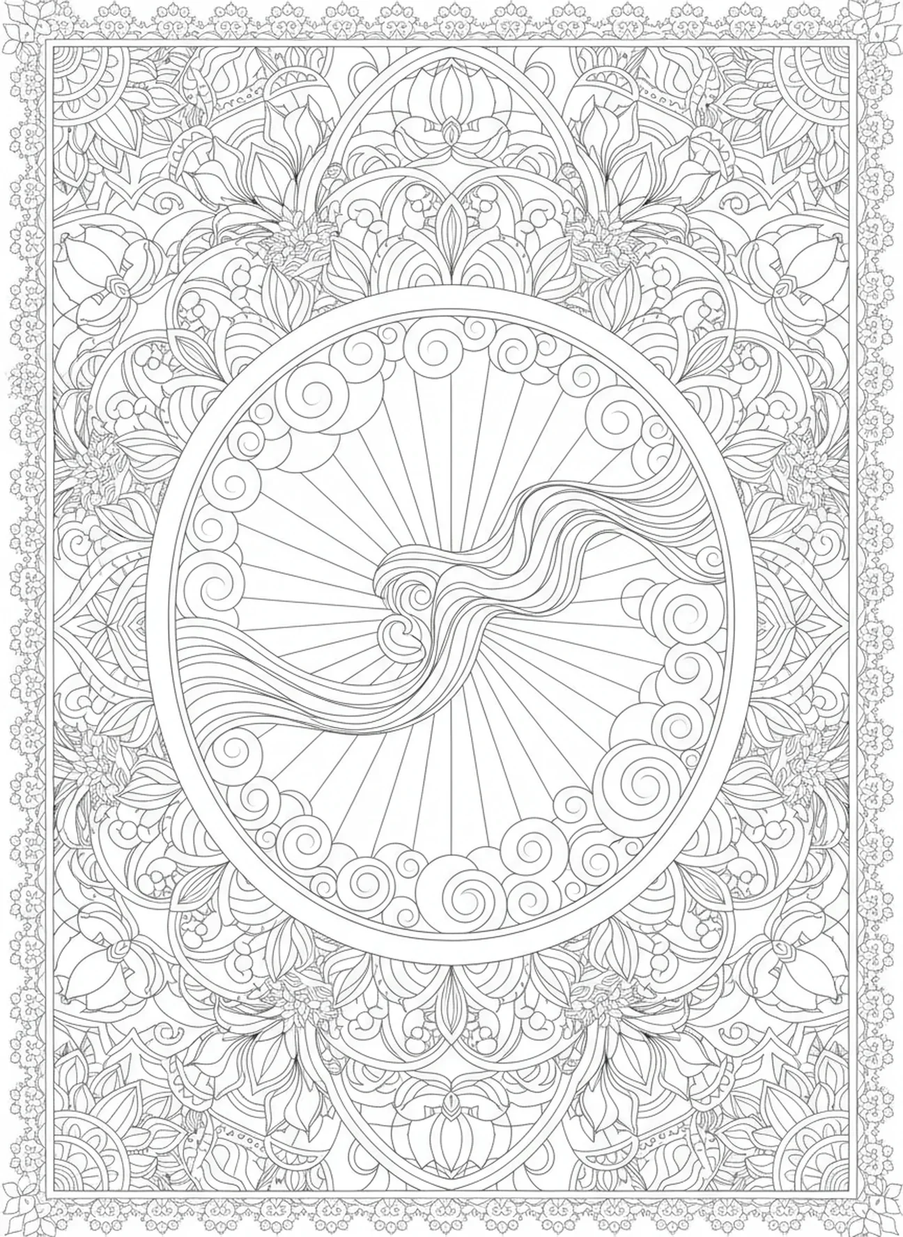 Lumière radieuse filtrant à travers les nuages, page à colorier pour le Mercredi des Cendres dans un style de journal biblique pour adultes.