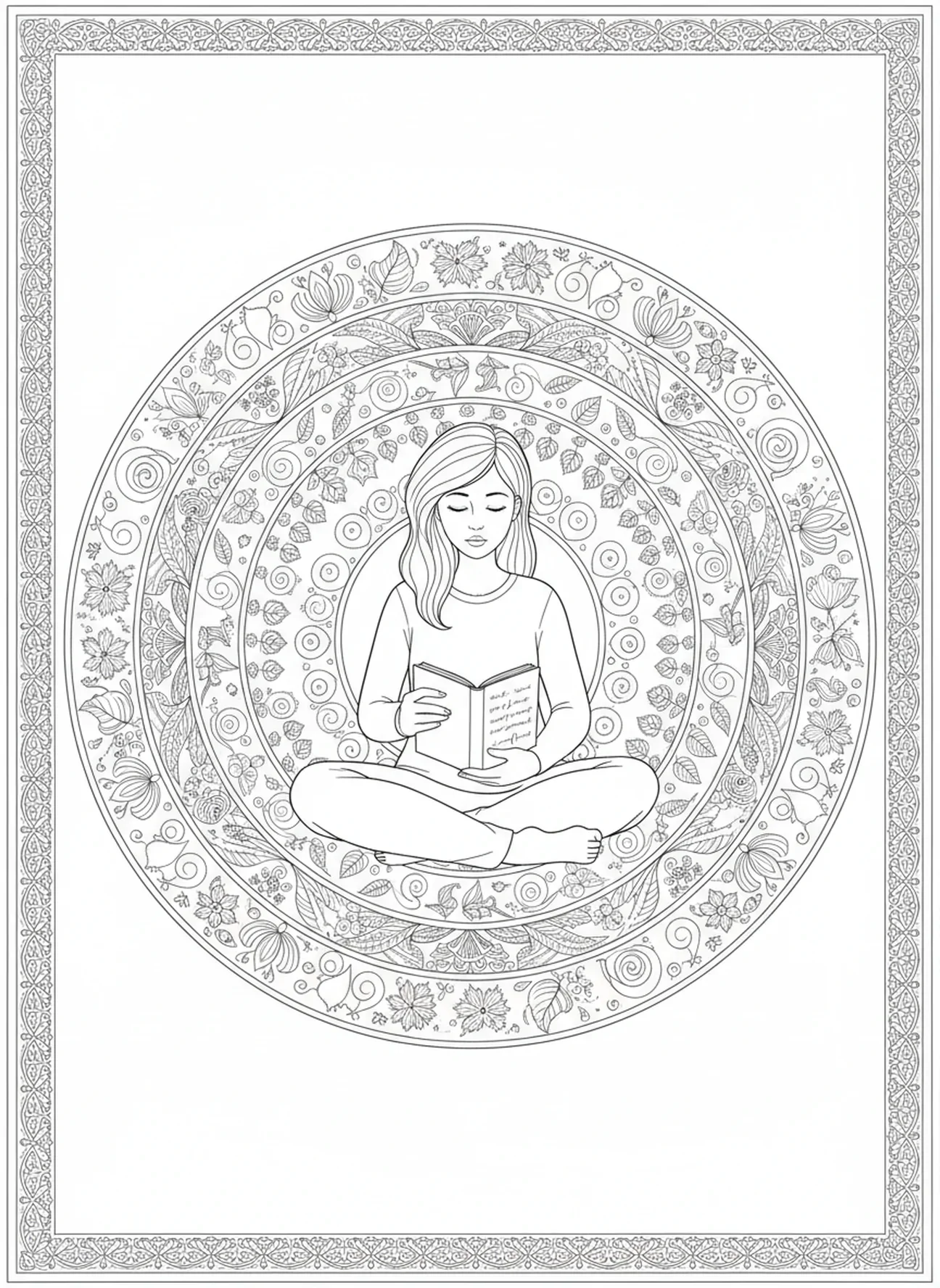 Personne pensive entourée de feuilles, page à colorier pour le Mercredi des Cendres dans un style de journal biblique pour adultes.