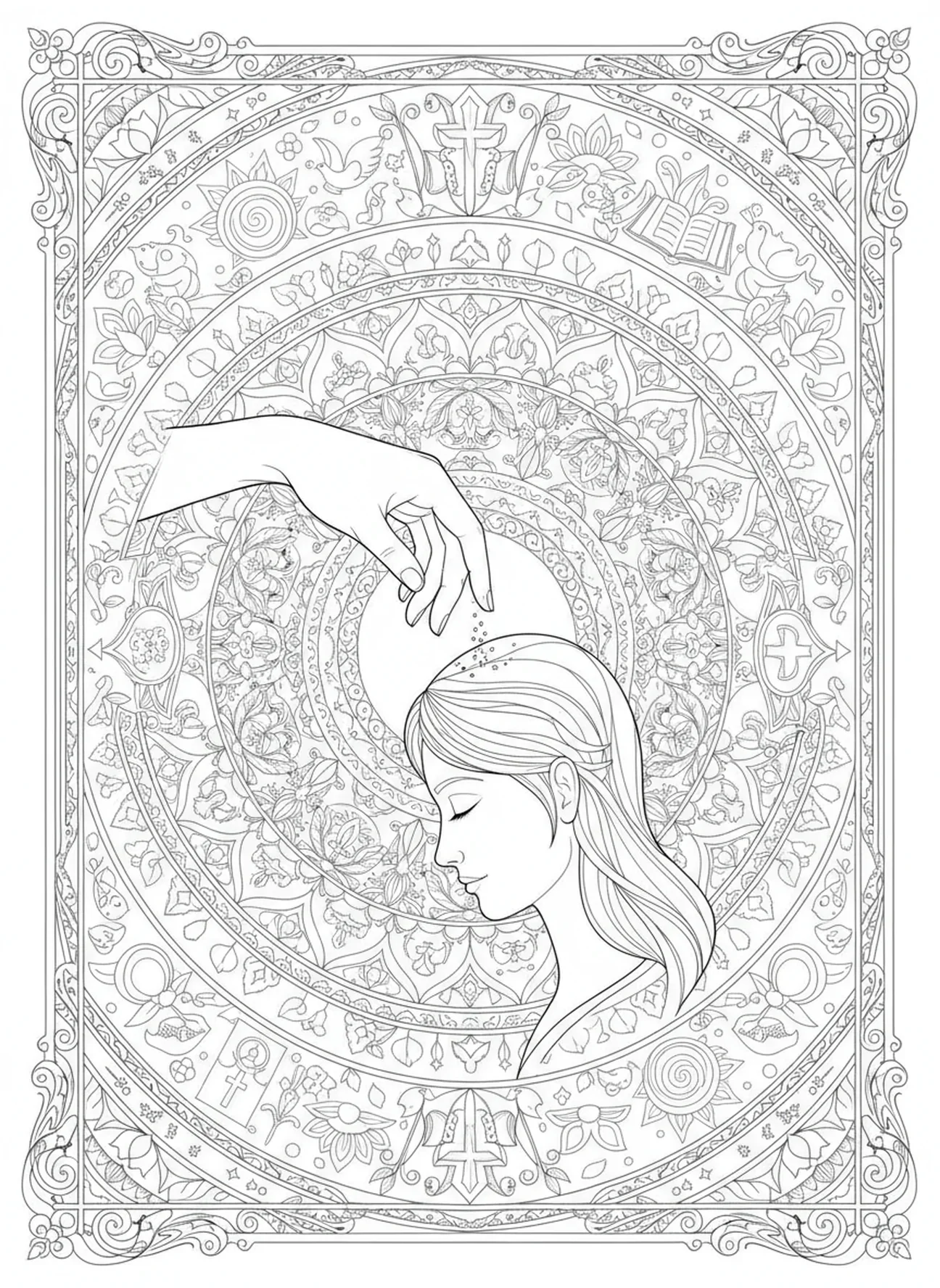 Main saupoudrant des cendres sur le front, page à colorier pour le Mercredi des Cendres dans un style de journal biblique pour adultes.