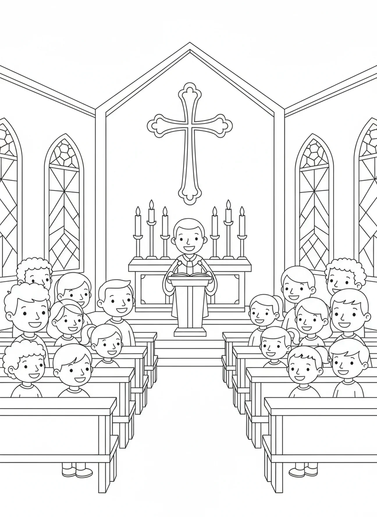 Familien versammelt in der Kirche, Ausmalbild für den Aschermittwoch für Kinder im Alter von 5-10 Jahren.