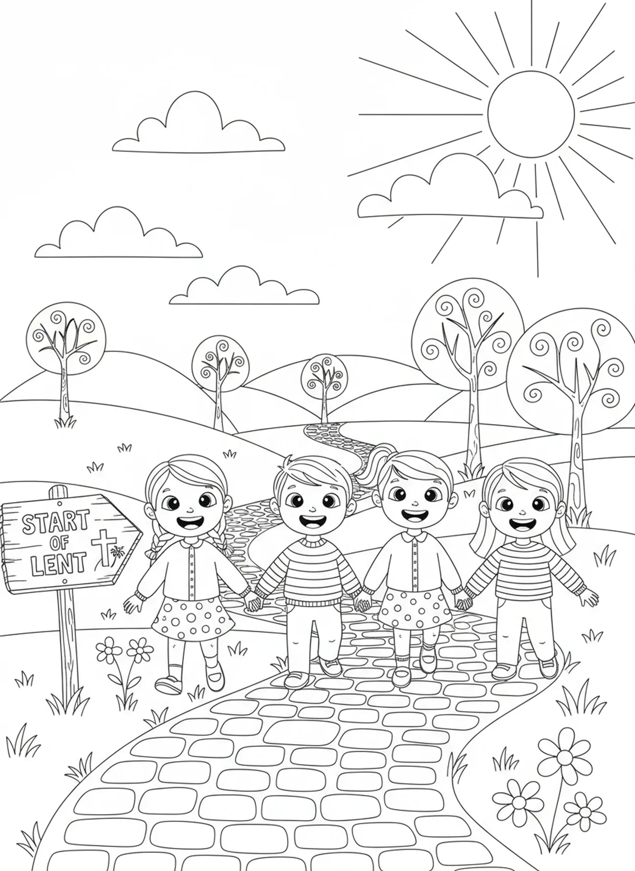 Kinder gehen auf einem Weg, Ausmalbild für den Aschermittwoch für Kinder im Alter von 5-10 Jahren.