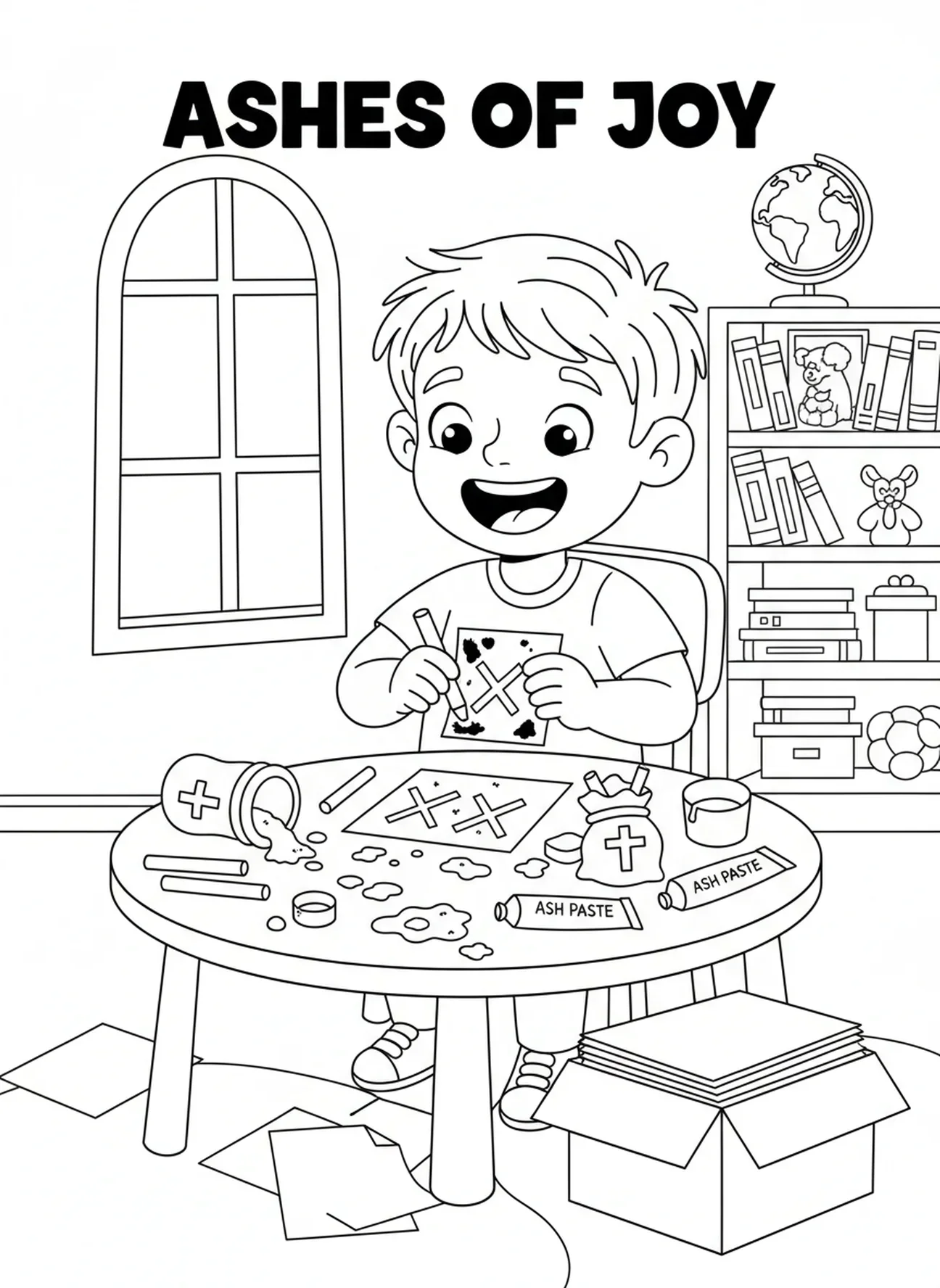 Kind macht Aschekreuze auf Papier, Ausmalbild für den Aschermittwoch für Kinder im Alter von 5-10 Jahren.