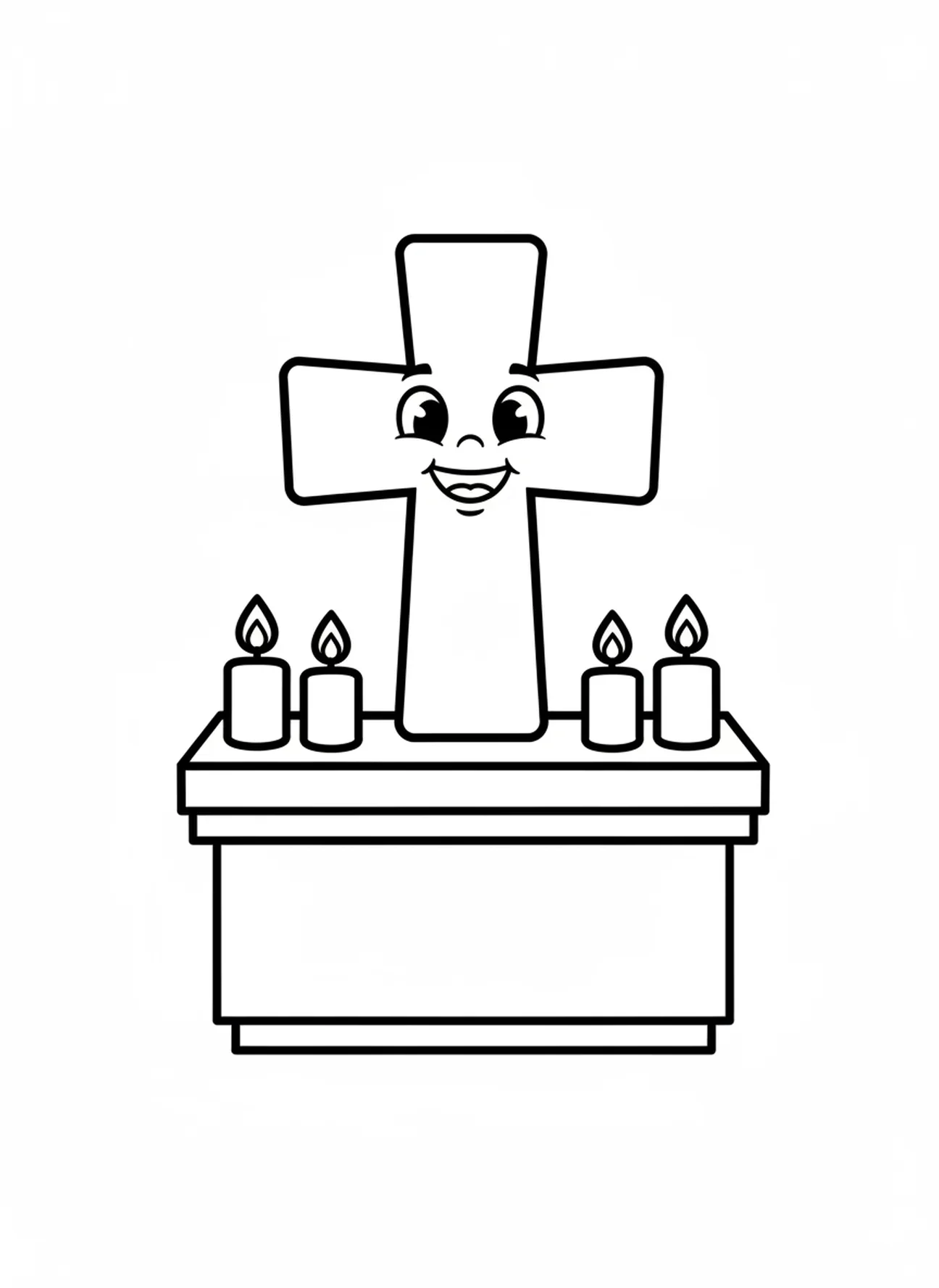 Grande croix sur un autel avec des bougies, page à colorier pour le Mercredi des Cendres pour les enfants de 3 à 5 ans