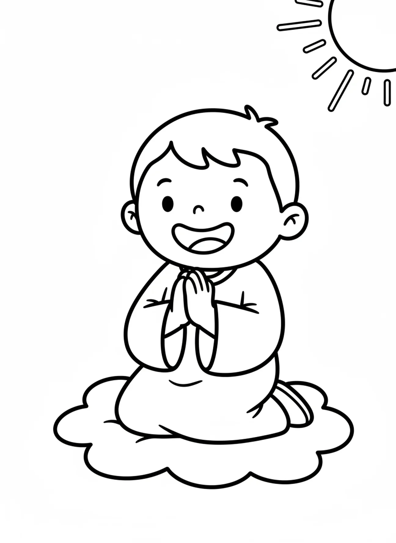 Personne joyeuse à genoux en prière, page à colorier pour le Mercredi des Cendres pour les enfants de 3 à 5 ans