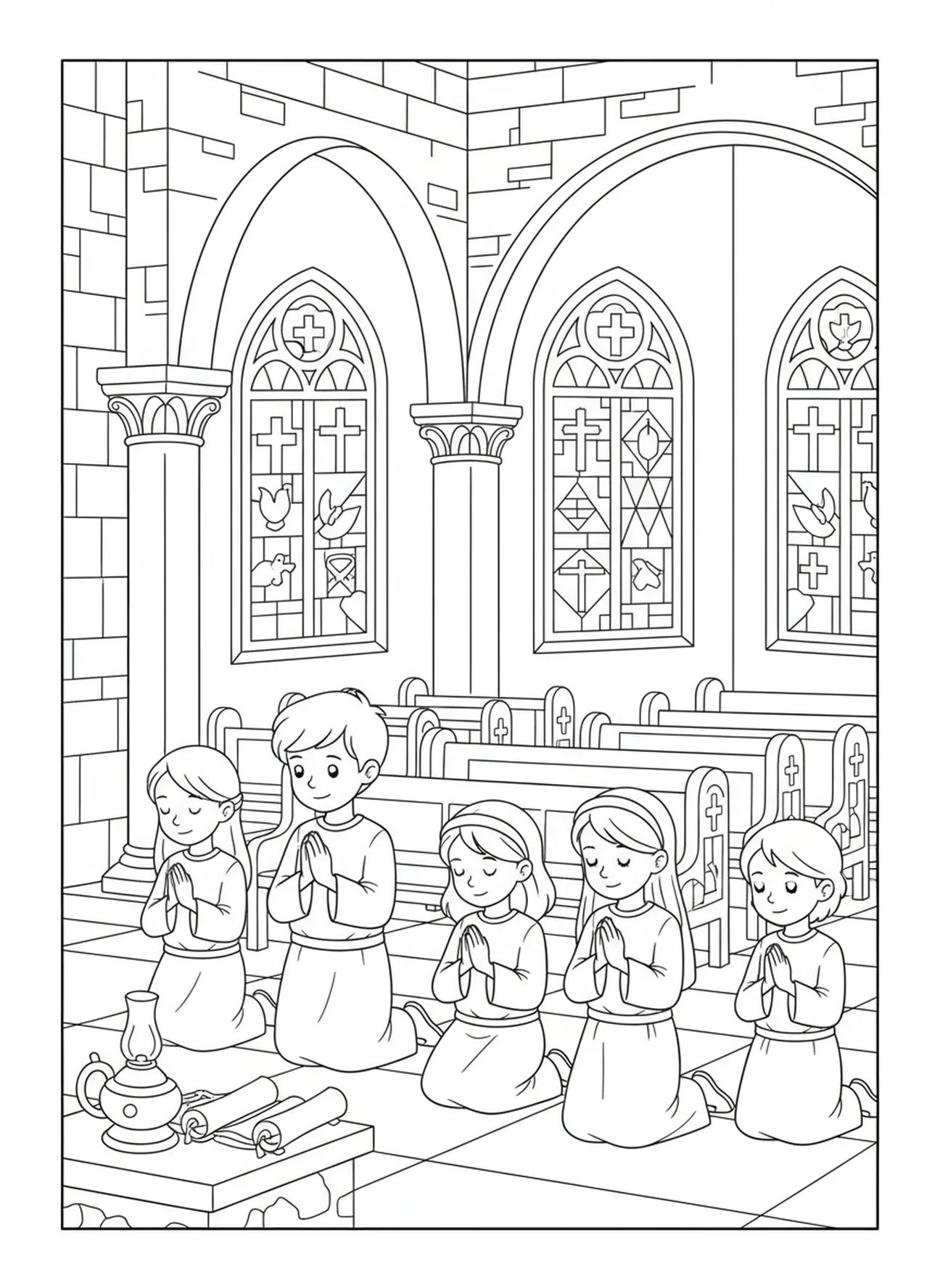 Kinderen bidden in de kerk, kleurplaat voor Aswoensdag voor Zondagsschoolkinderen van 5-12 jaar.