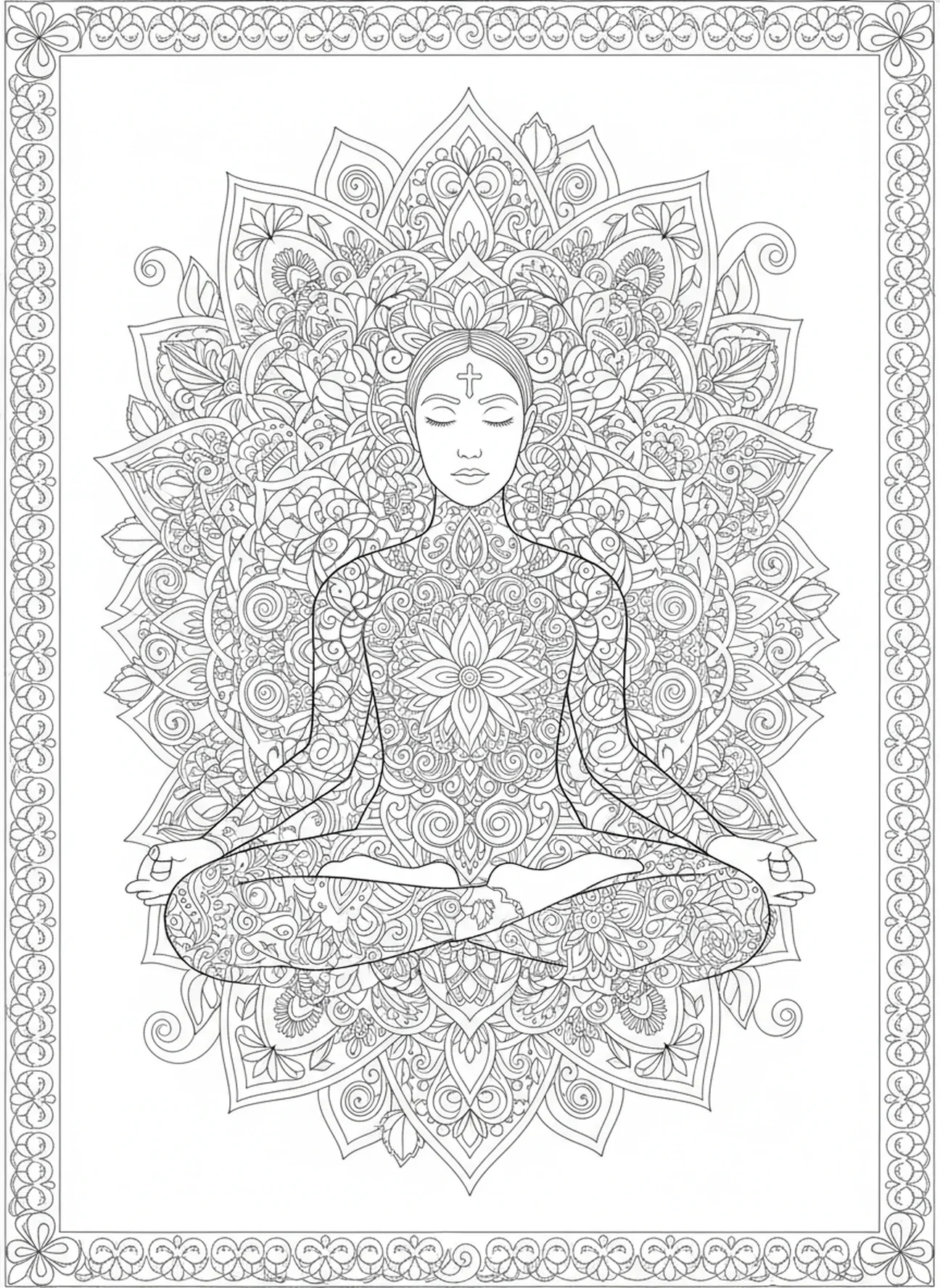 Figura meditando com cinzas, página de colorir da Cruz de Cinzas na Testa estilo Bíblia para adultos.