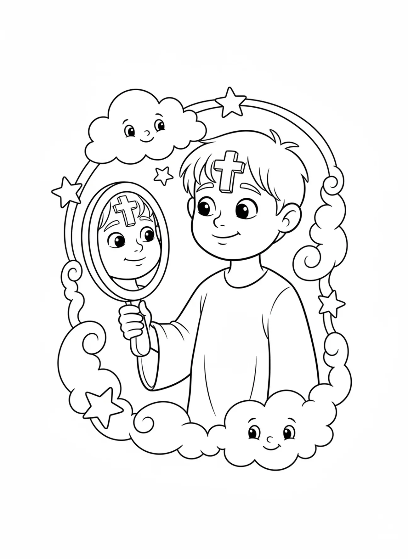 Nachdenkliches Kind bewundert Aschekreuz im Spiegel, Ausmalbild Aschekreuz auf der Stirn für Kinder im Alter von 5-10 Jahren.
