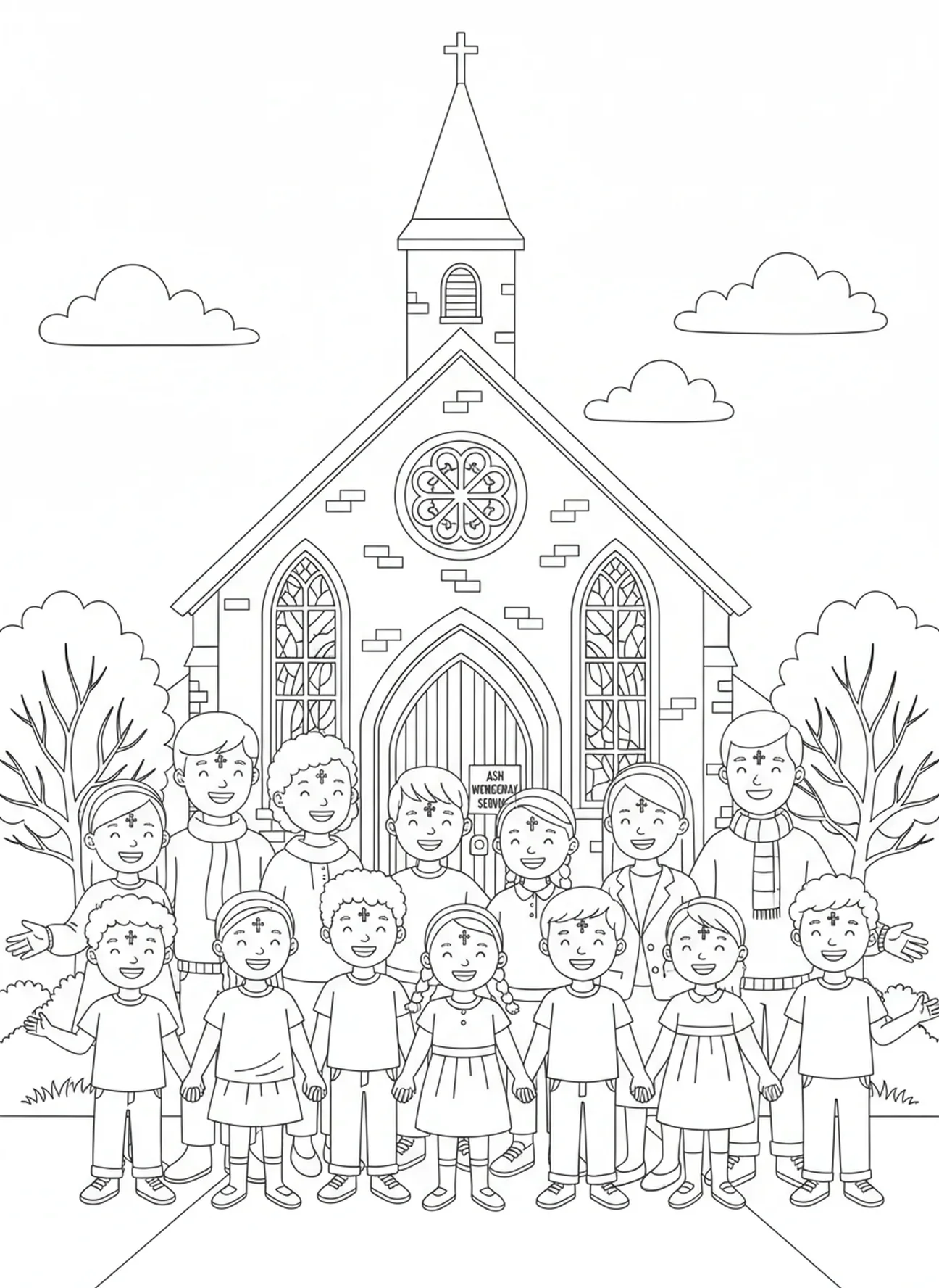 Gruppe von verschiedenen Kindern und Erwachsenen, die Aschekreuze zeigen, Ausmalbild mit Aschekreuz für Kinder im Alter von 5-10 Jahren.