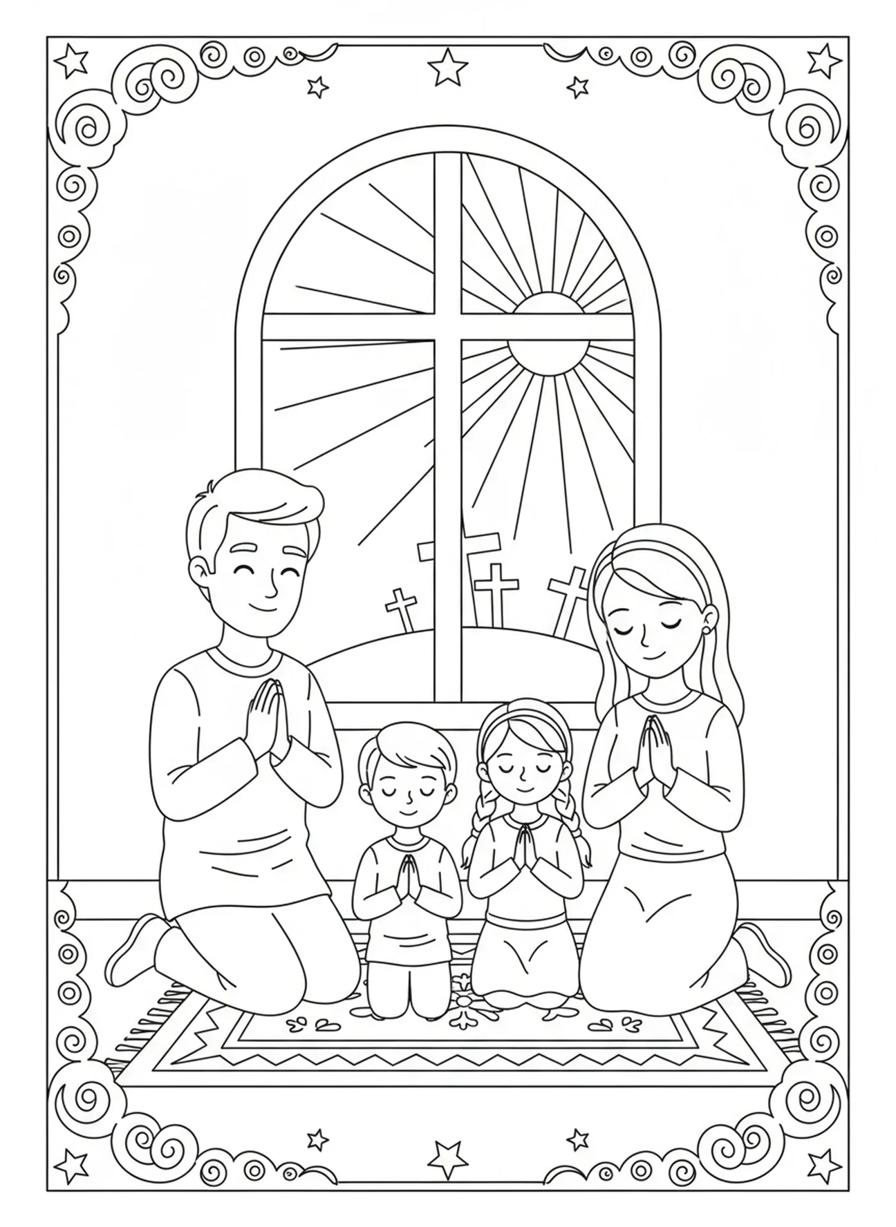Familie von vier, die gemeinsam betet, Ausmalbild mit Aschekreuz auf der Stirn für Kinder im Alter von 5-10 Jahren.