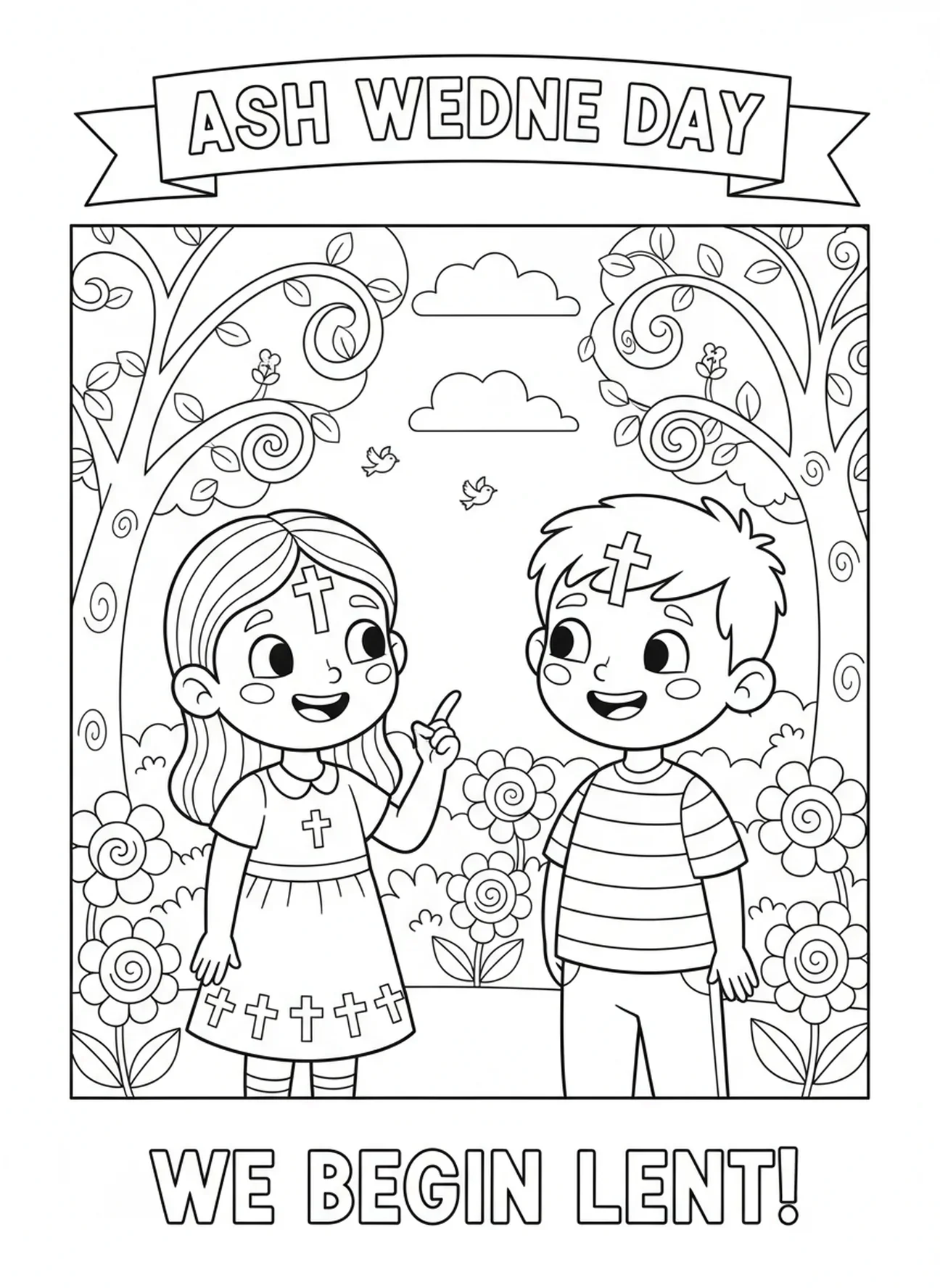 Zwei fröhliche Kinder sprechen über den Aschermittwoch, Ausmalbild mit Aschekreuz auf der Stirn für Kinder im Alter von 5-10 Jahren.