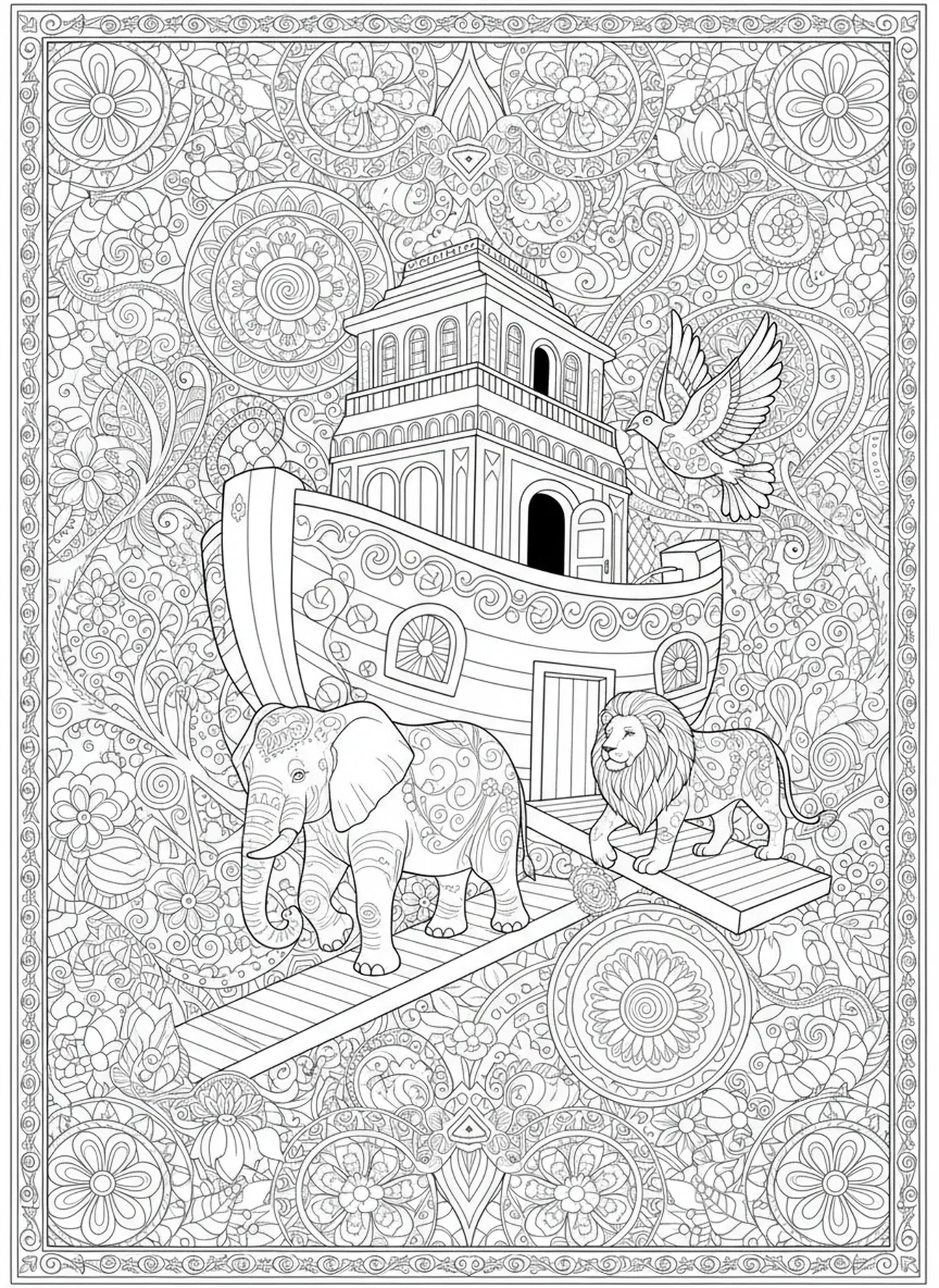 Animales entrando en el arca, página para colorear de la Rosa de Cuaresma estilo journaling bíblico para adultos.