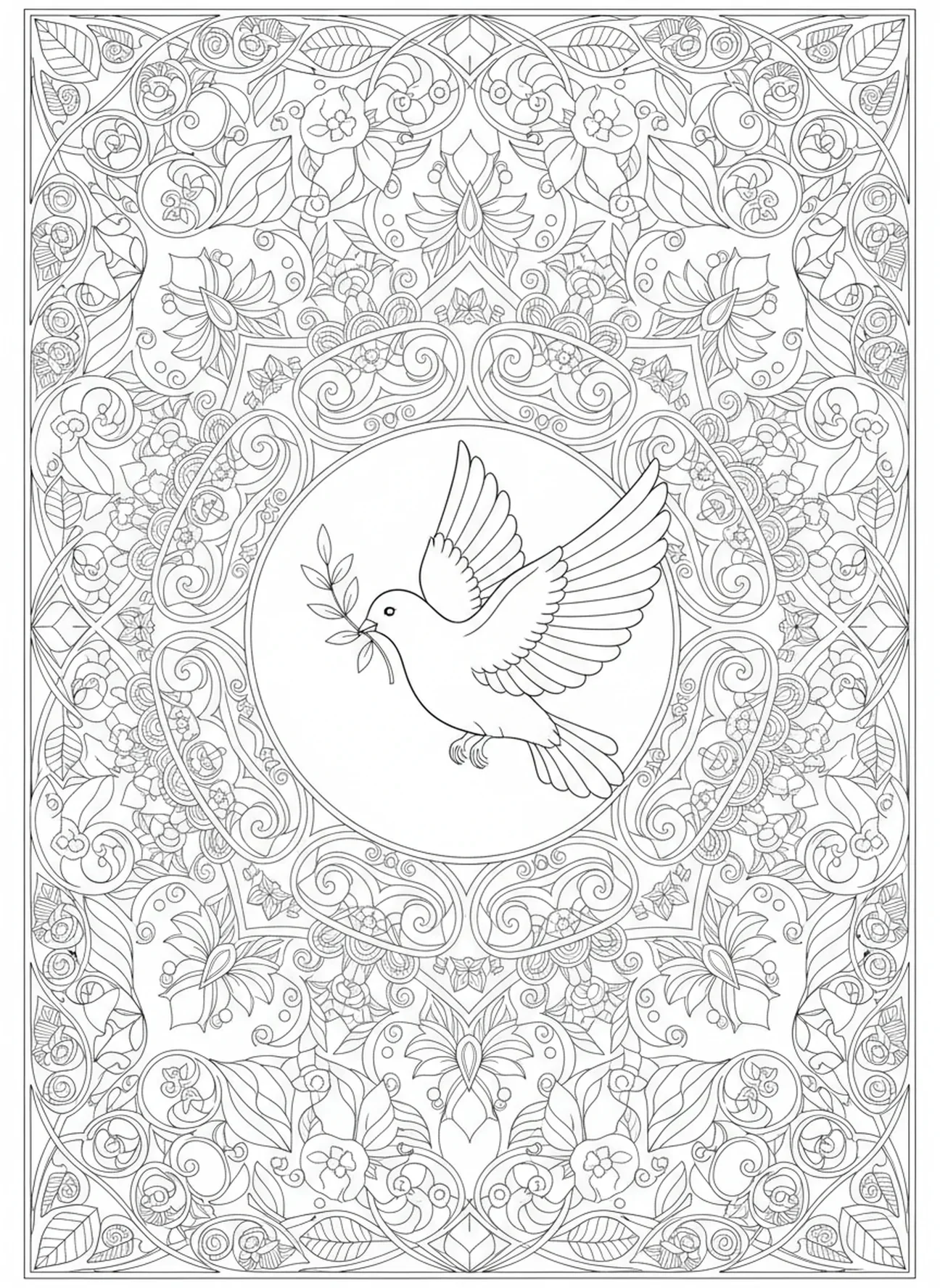 Paloma con rama de olivo, página para colorear de la Rosa de Cuaresma estilo journaling bíblico para adultos.