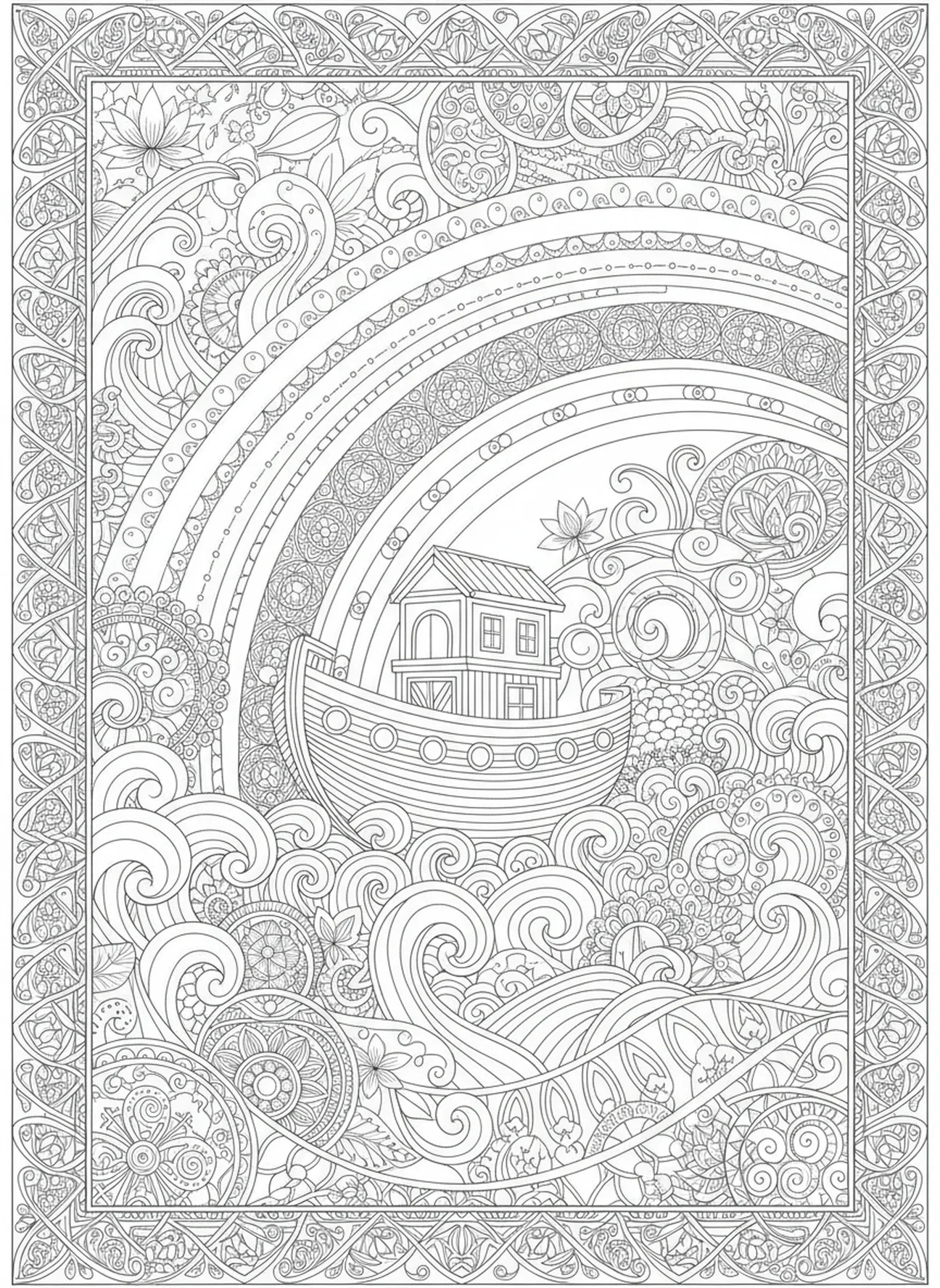 Arcoíris sobre el arca, página para colorear de la Rosa de Cuaresma estilo journaling bíblico para adultos.