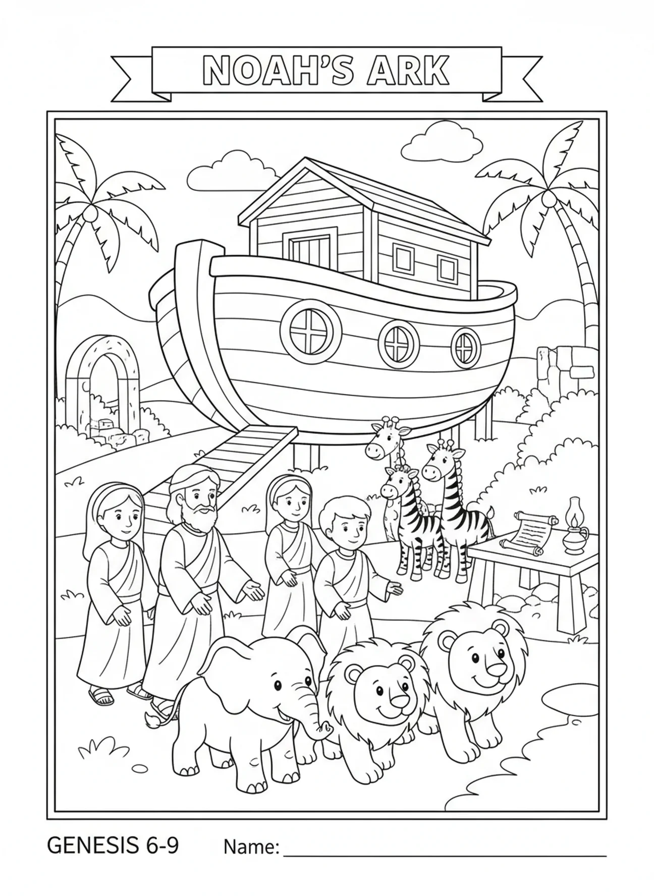 Des paires d'animaux s'approchant de l'arche, page à colorier de la Rose de Carême pour les enfants de l'École du dimanche âgés de 5 à 12 ans.