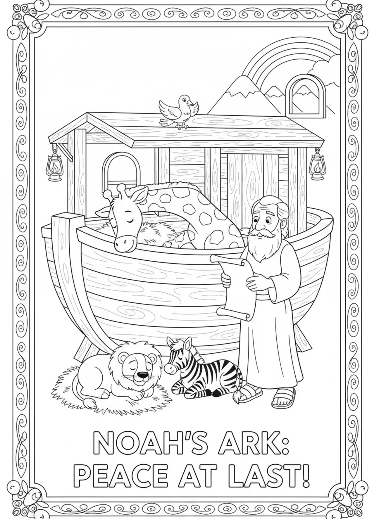 Animaux se reposant à l'intérieur de l'arche, page à colorier de la Rose de Noël pour les enfants de l'École du dimanche âgés de 5 à 12 ans.