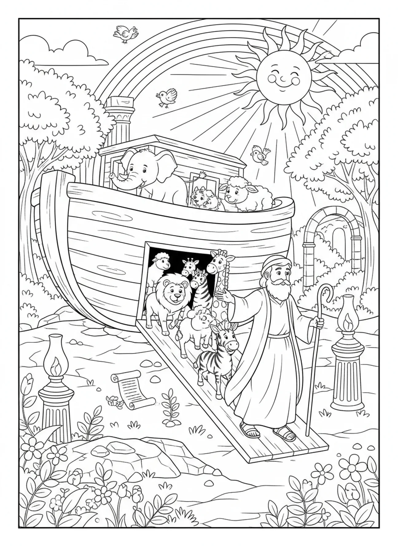 Noé et les animaux sortant sur la terre ferme, page à colorier de la Rose de Carême pour les enfants de l'École du dimanche âgés de 5 à 12 ans.