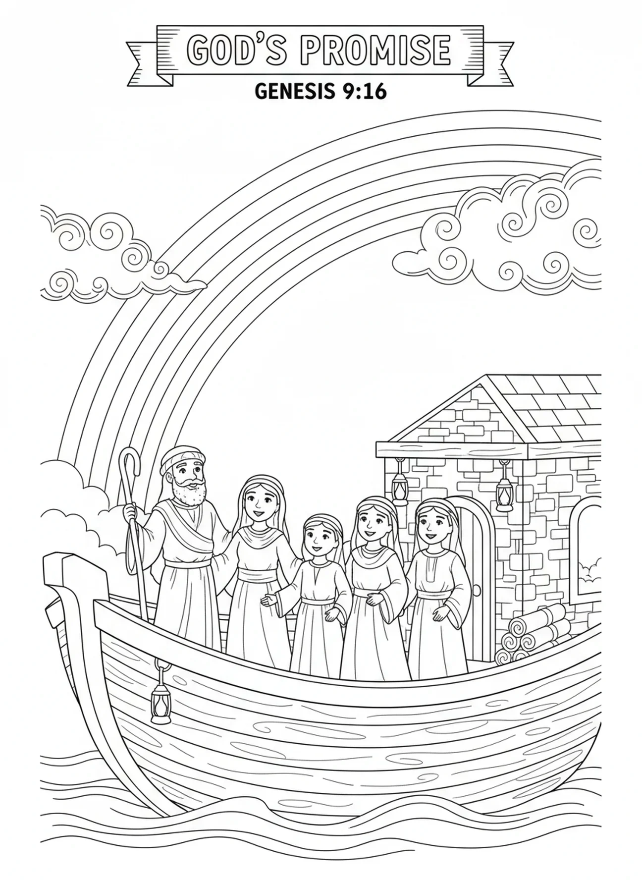 Noé et sa famille admirant l'arc-en-ciel, page à colorier de la Rose de Noël pour les enfants de l'École du dimanche âgés de 5 à 12 ans.