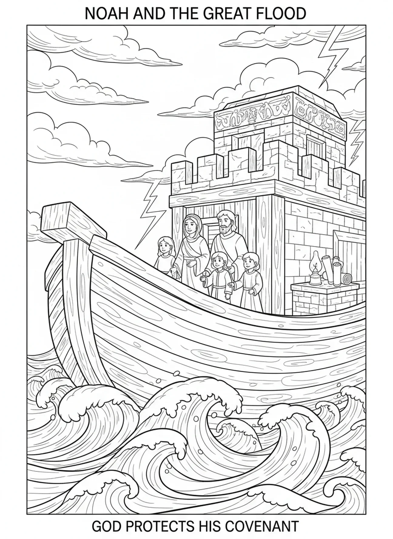 Noé et sa famille sur le pont pendant la tempête, page à colorier Rose de Carême pour les enfants de l'École du dimanche âgés de 5 à 12 ans.