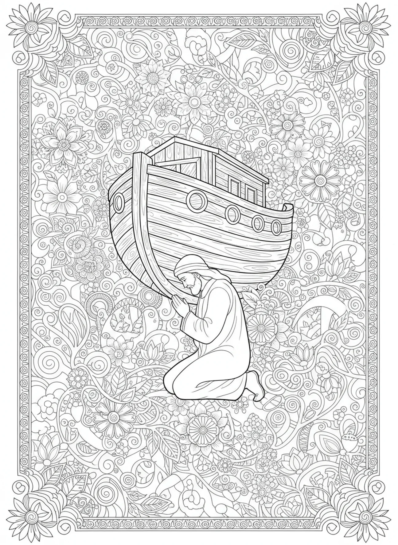 Noah im Gebet, religiöse Ausmalseite für Erwachsene im Stil des Bibel-Journalings