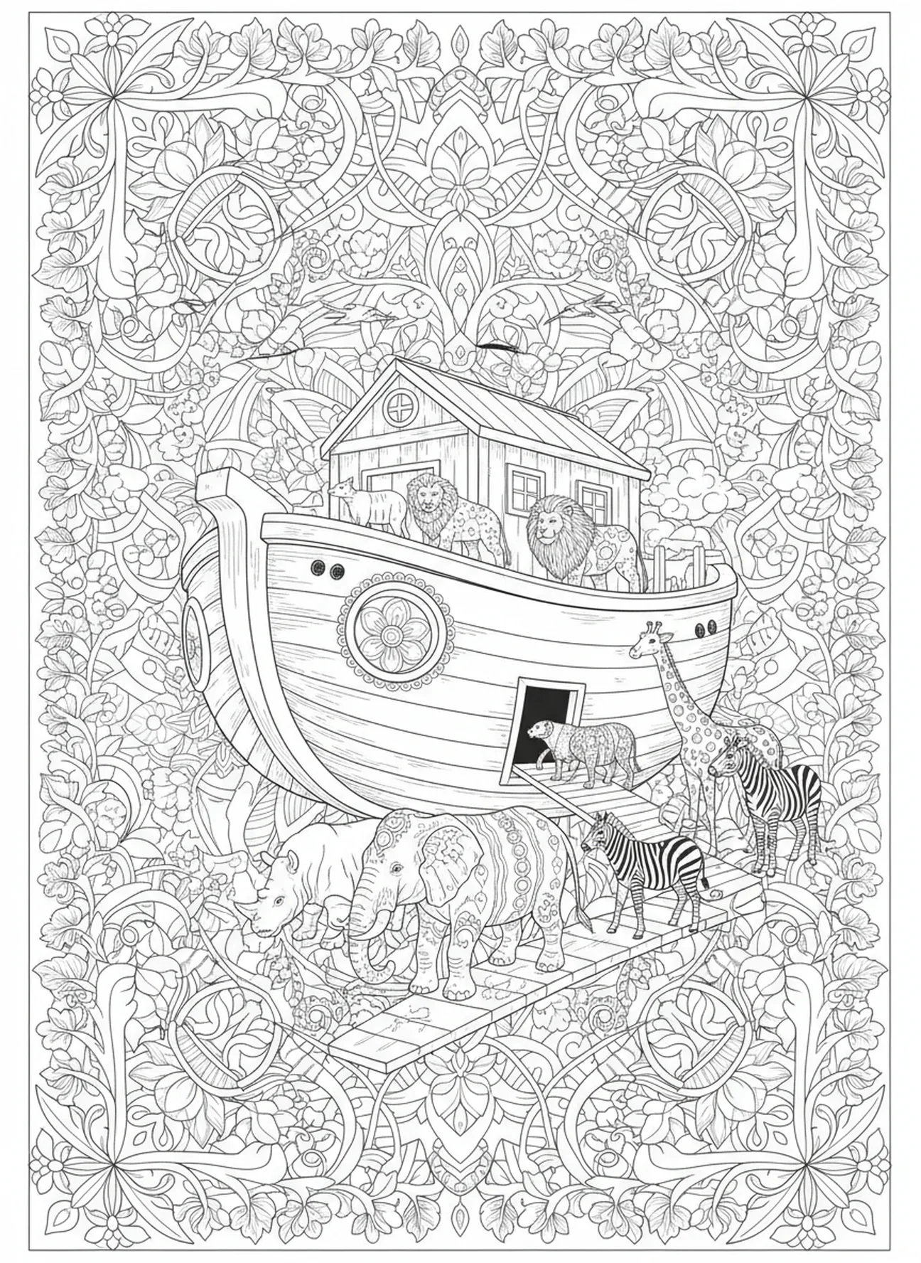 Animales subiendo al arca, página para colorear cristiana Lighthouse para adultos en estilo de journaling bíblico.