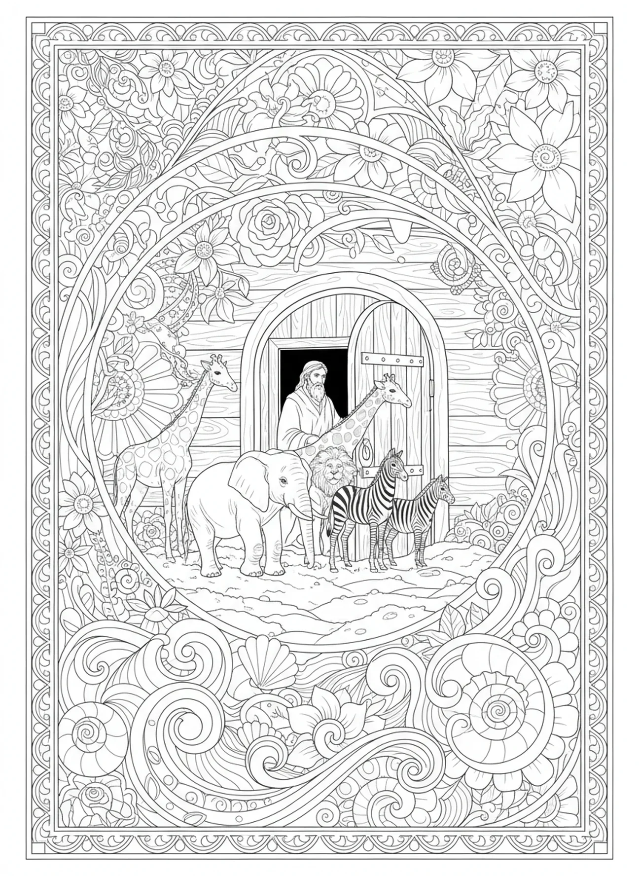 Noé liberando animales, página para colorear cristiana de Lighthouse para adultos en estilo de diario bíblico.