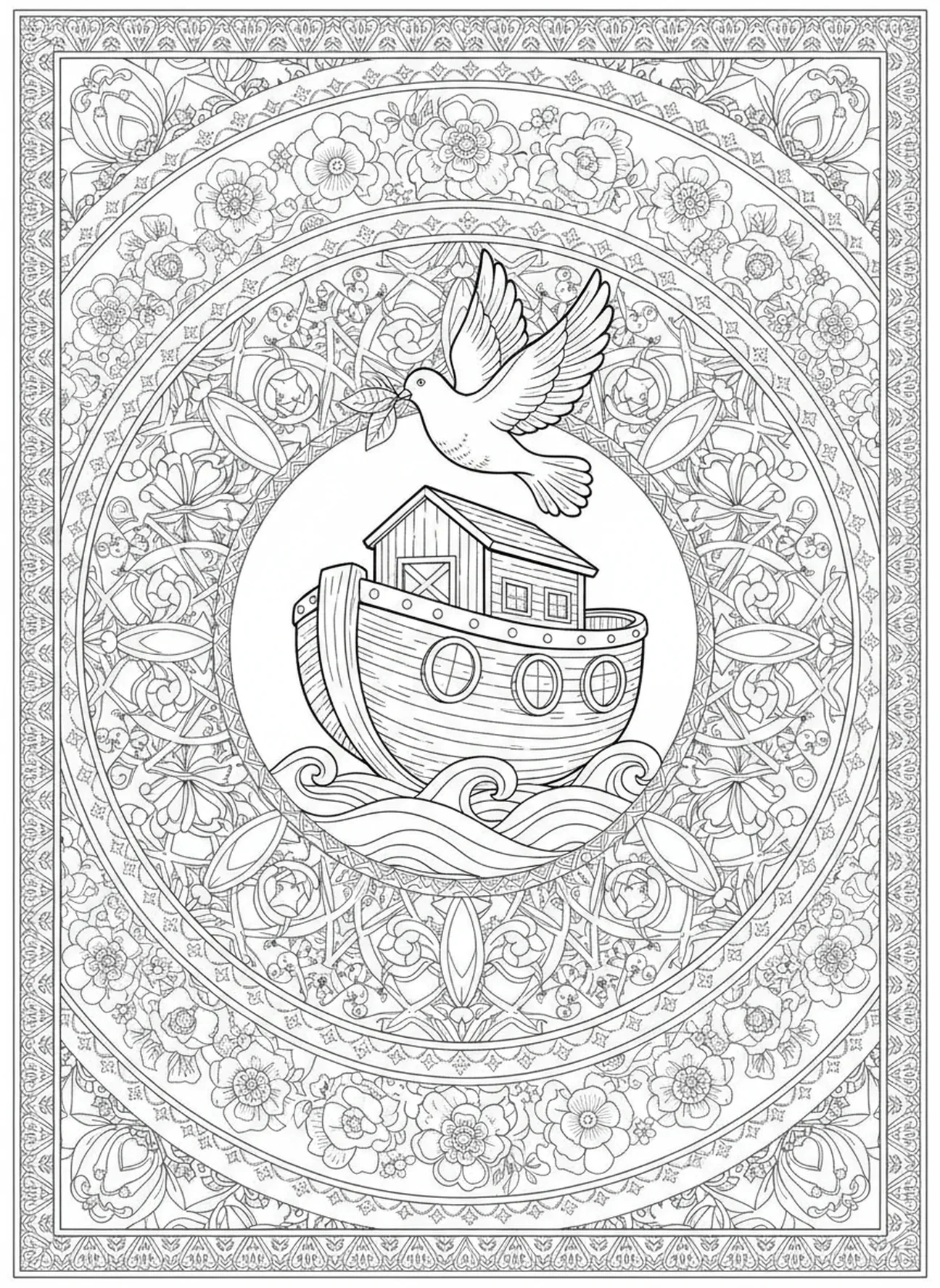 Paloma con hoja de olivo, página para colorear cristiana Lighthouse para adultos en estilo de journaling bíblico.