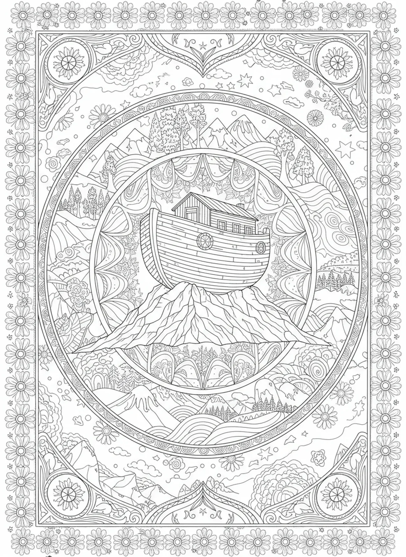 Paisaje post-diluvio con el arca, página para colorear cristiana Lighthouse para adultos en estilo de journaling bíblico.