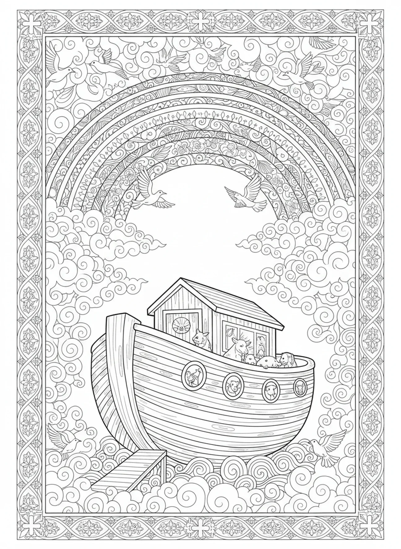 Arcoíris sobre el arca, página para colorear cristiana Lighthouse para adultos en estilo de journaling bíblico.