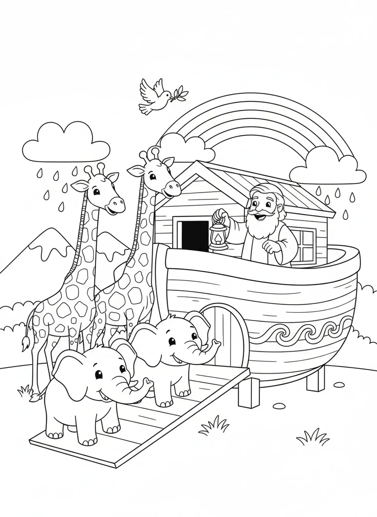 Zwei Cartoon-Elefanten steigen in die Arche, Printable Bible Coloring Malvorlage für Kinder im Alter von 5-10 Jahren