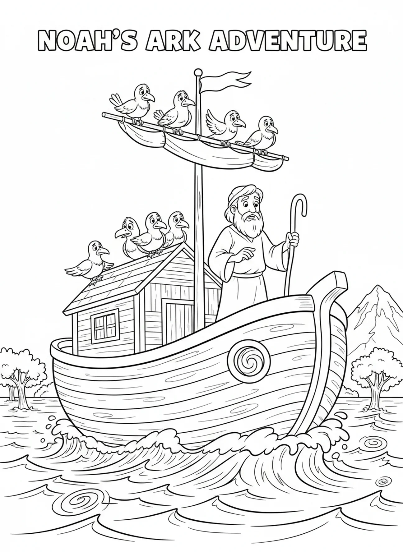 Noah auf der Arche während der Flut, Printable Bible Coloring Ausmalbild für Kinder im Alter von 5-10 Jahren