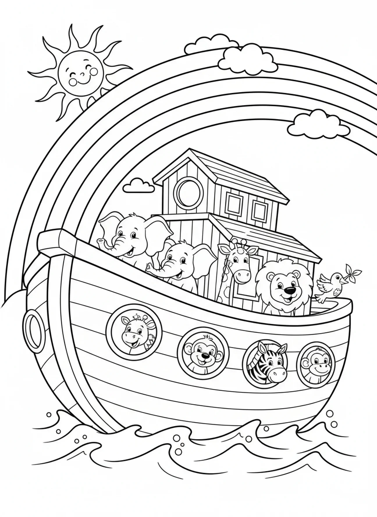 Regenbogen über der Arche, Printable Bible Coloring Seite für Kinder im Alter von 5-10 Jahren