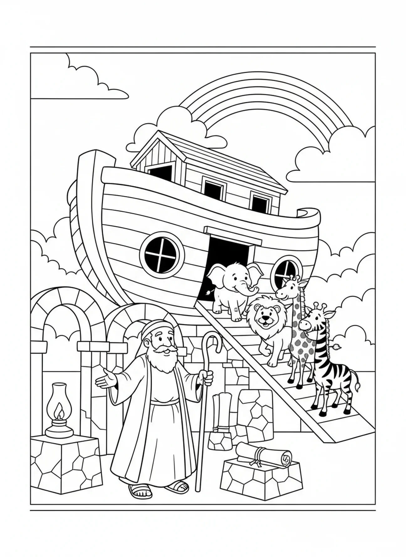 Tierpaare steigen in die Arche, Printable Bible Coloring Seite für Sonntagsschule Kinder im Alter von 5-12 Jahren.